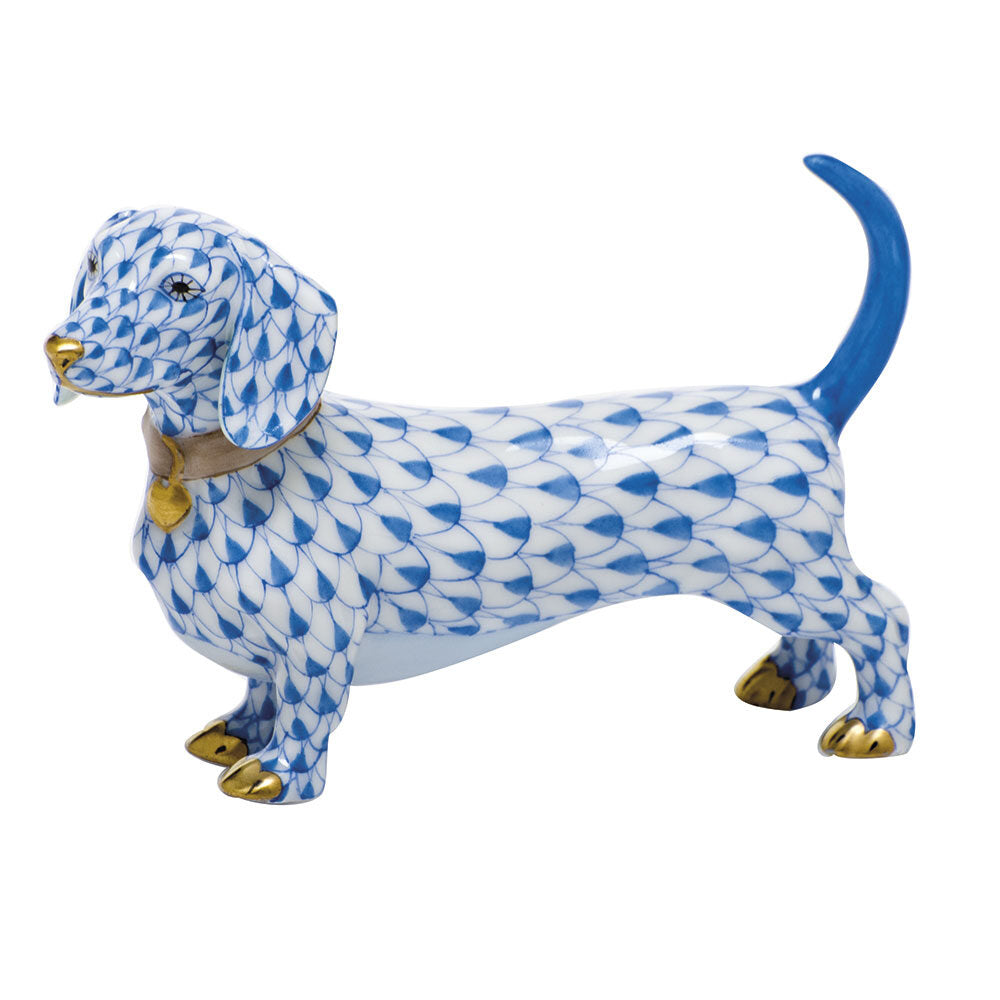 Blue fishnet Dachshund Figurine figurine, hand-painted Herend porcelain with 24k gold accents