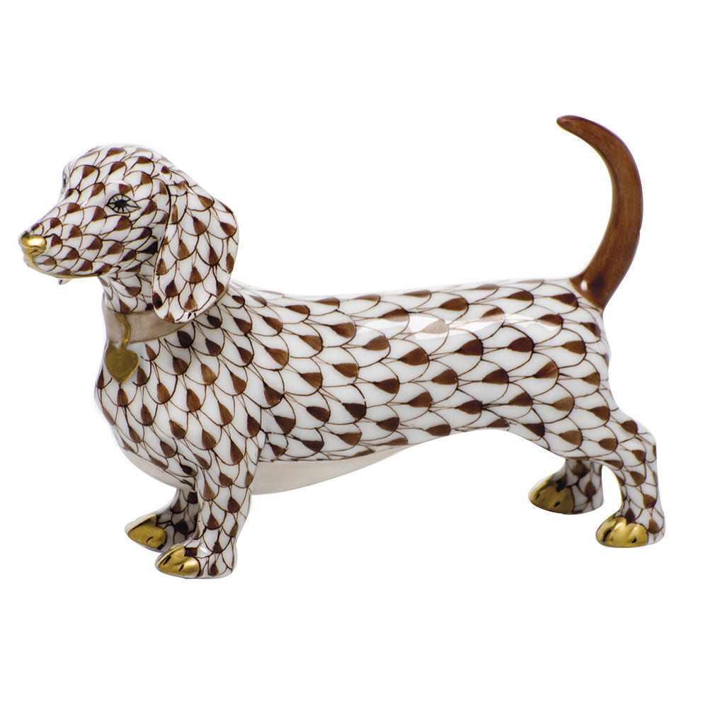 Herend Dachshund Figurine porcelain figurine painted in the Chocolate fishnet pattern