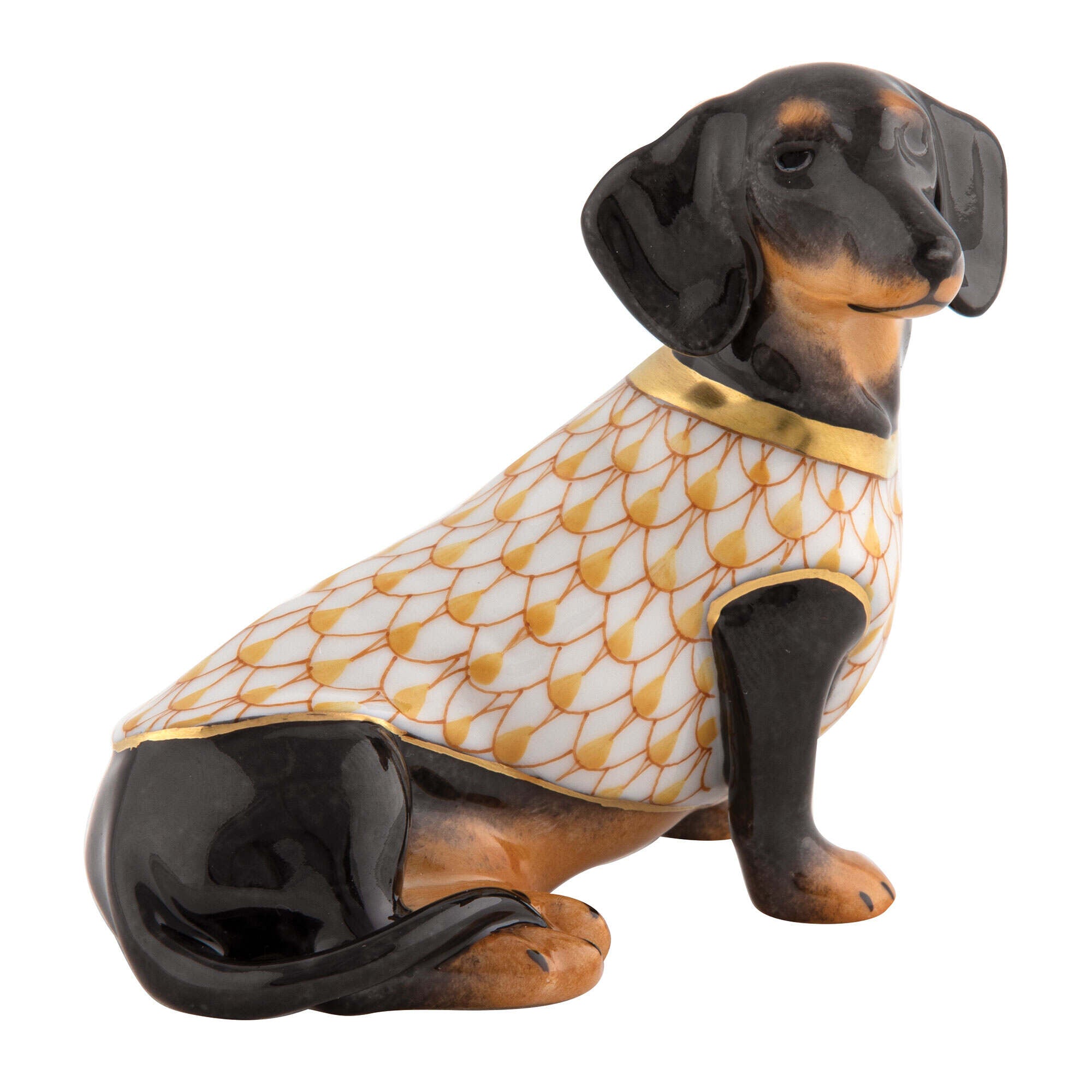 Hand-painted Herend Dachshund with Sweater Figurine in Butterscotch fishnet porcelain on a white background