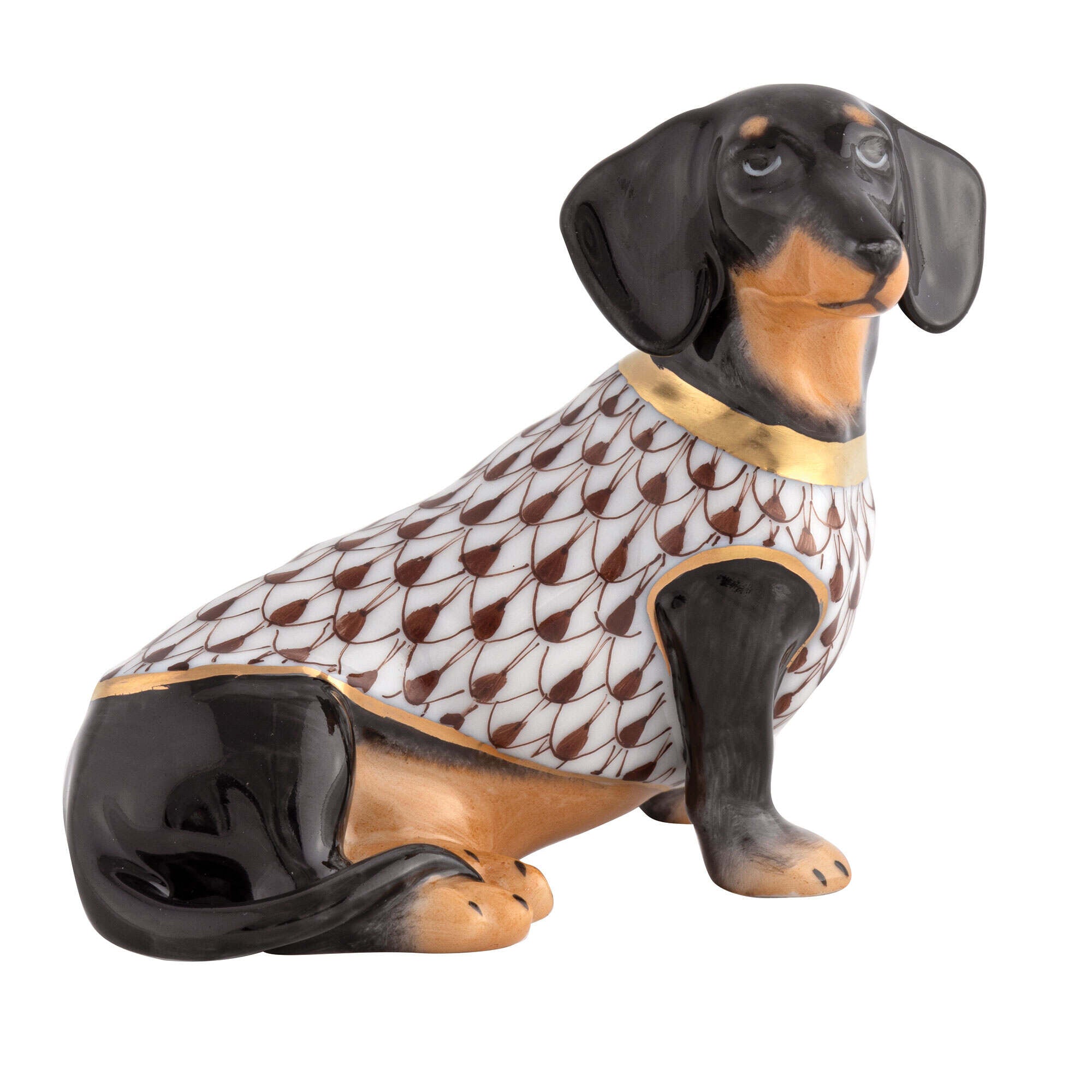 Dachshund with Sweater Figurine in hand-painted Chocolate porcelain by Herend of Hungary