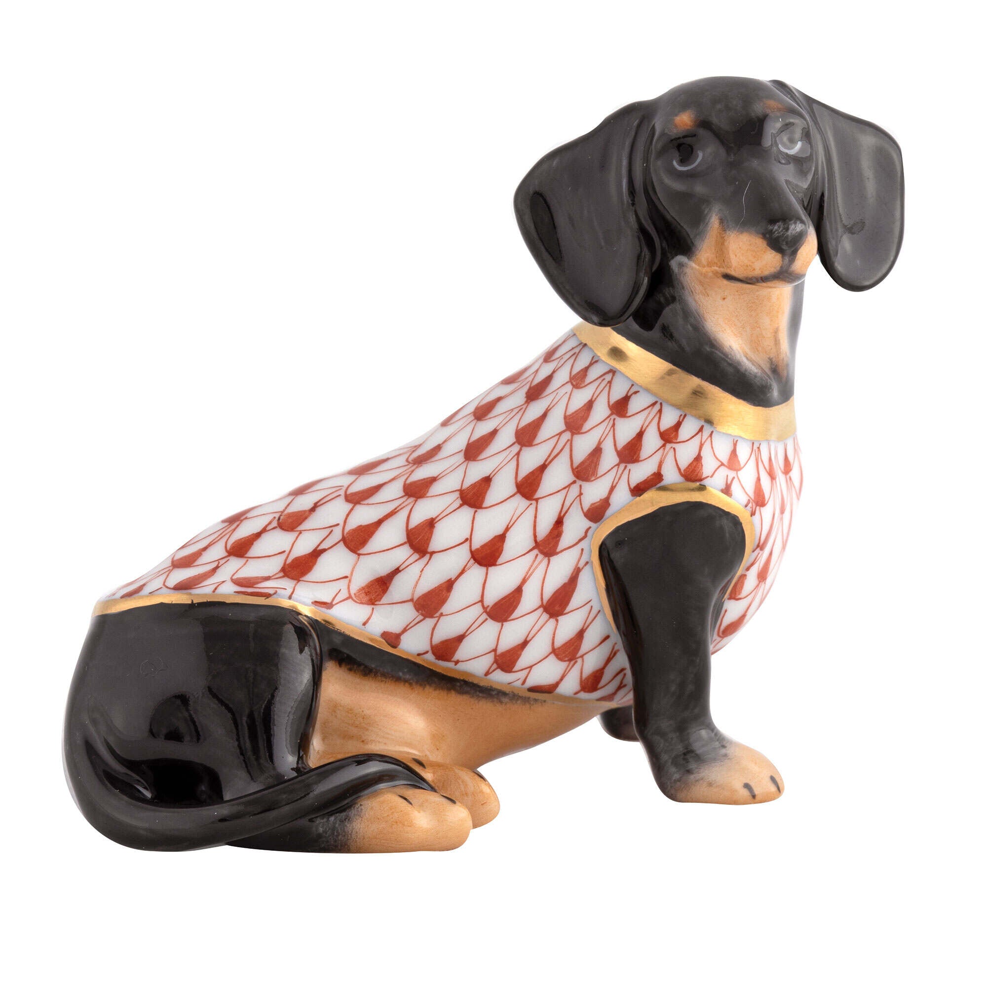 Rust fishnet Dachshund with Sweater Figurine figurine, hand-painted Herend porcelain with 24k gold accents