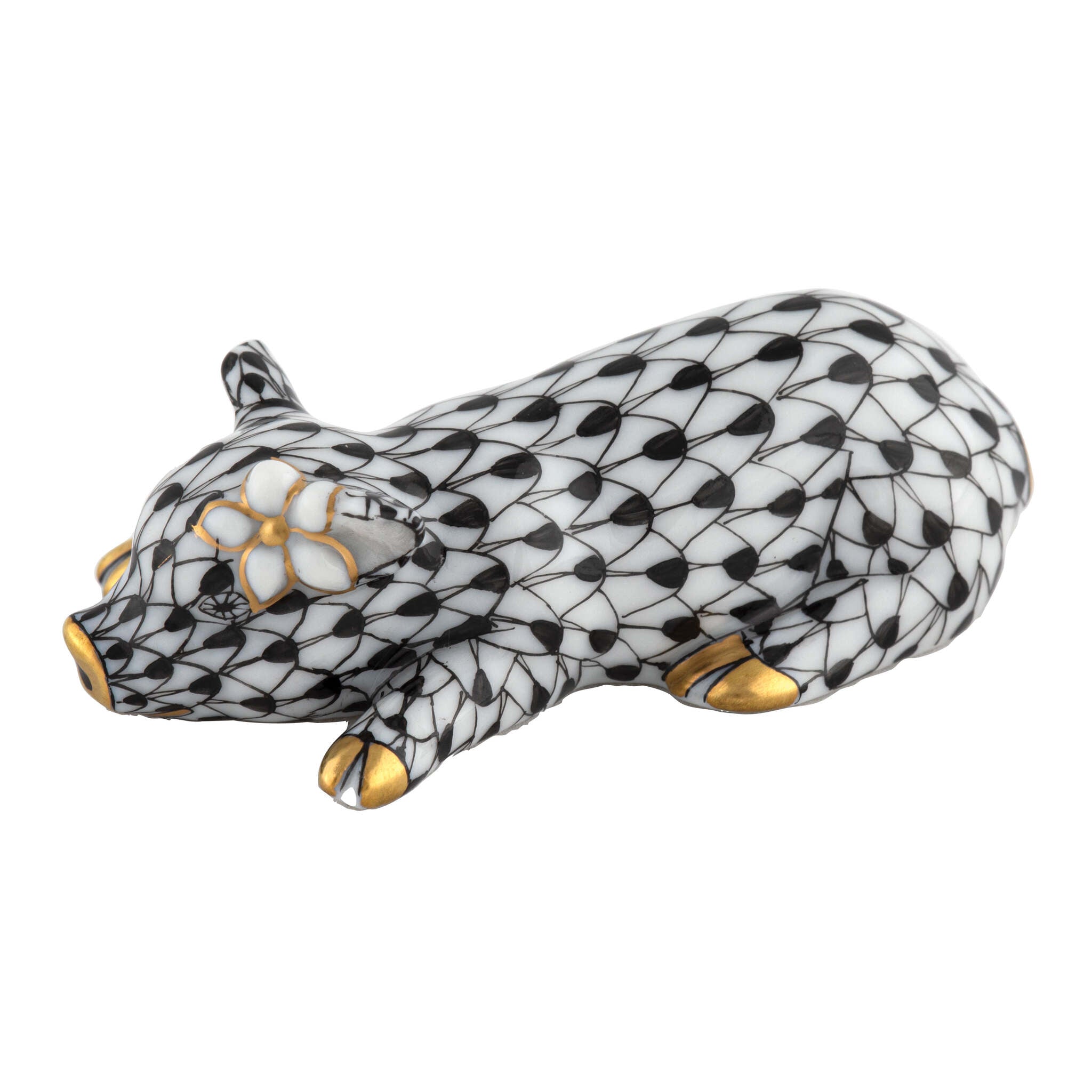 Hand-painted Herend Daisy the Pig Figurine in Black fishnet porcelain on a white background