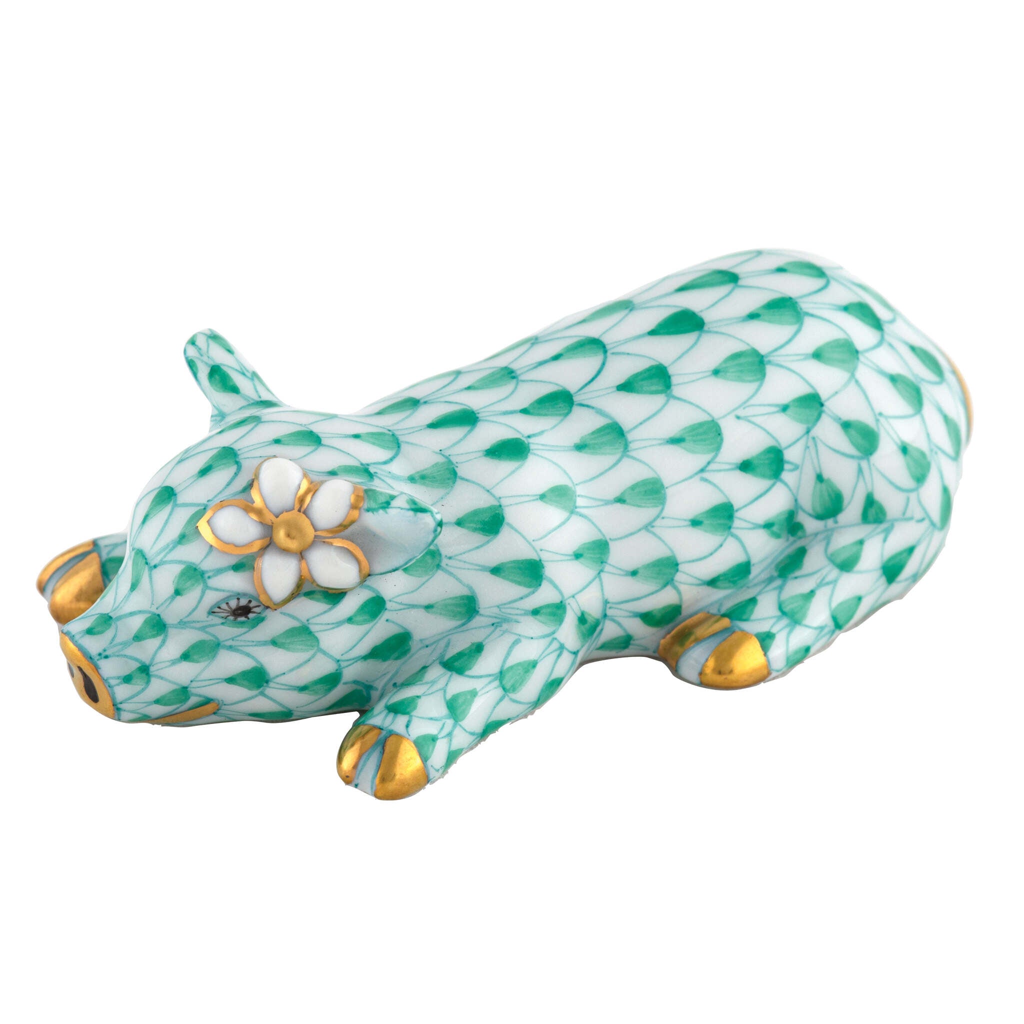 Hand-painted Herend Daisy the Pig Figurine in Green fishnet porcelain on a white background