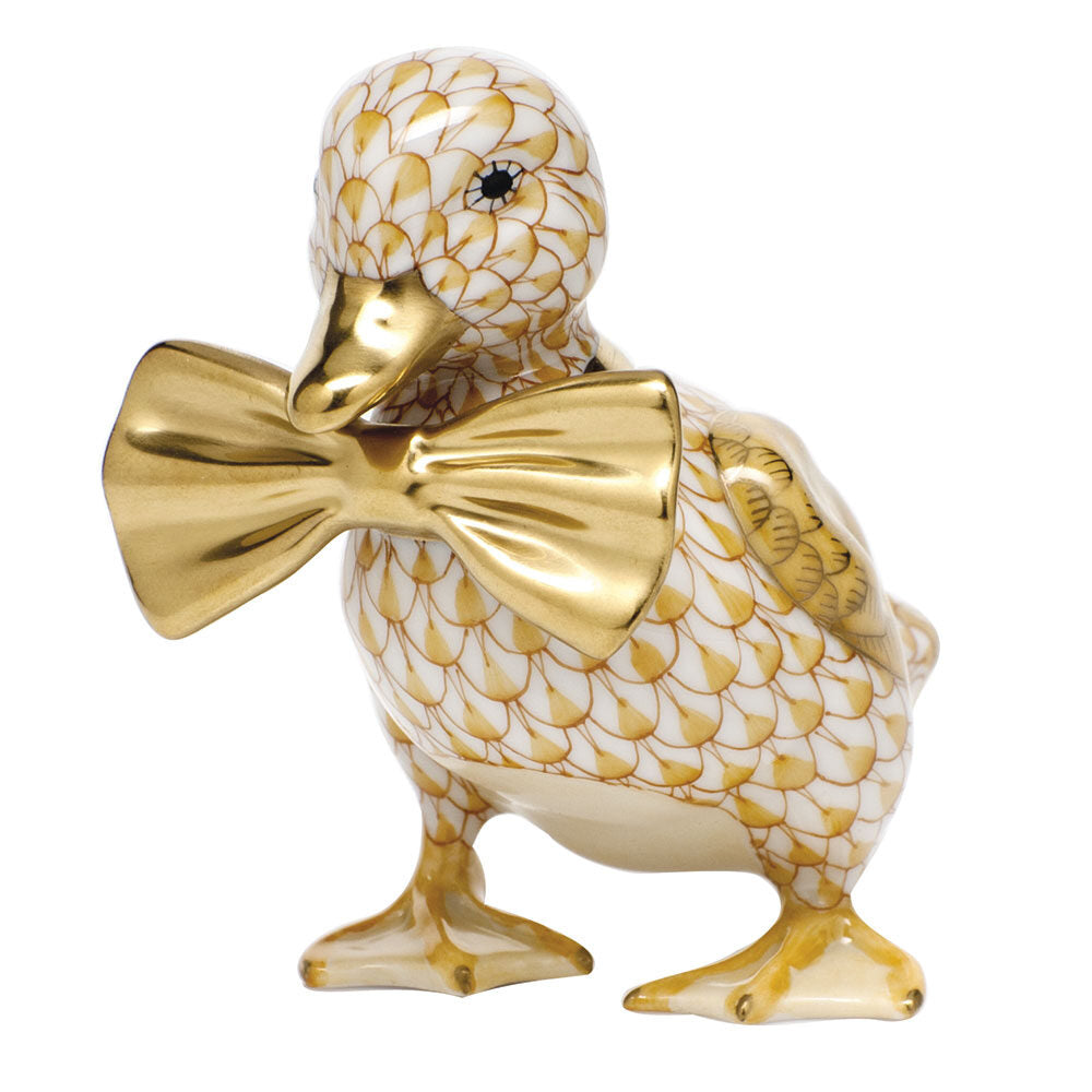 Hand-painted Herend Dashing Duckling Figurine in fine porcelain, 3in L X 2.5in H, on a white background