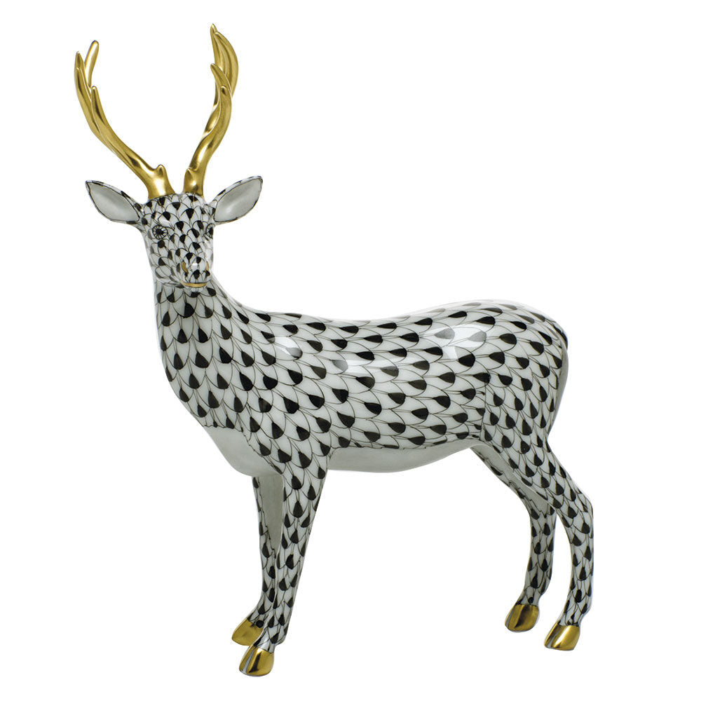 Black fishnet Deer Figurine figurine, hand-painted Herend porcelain with 24k gold accents