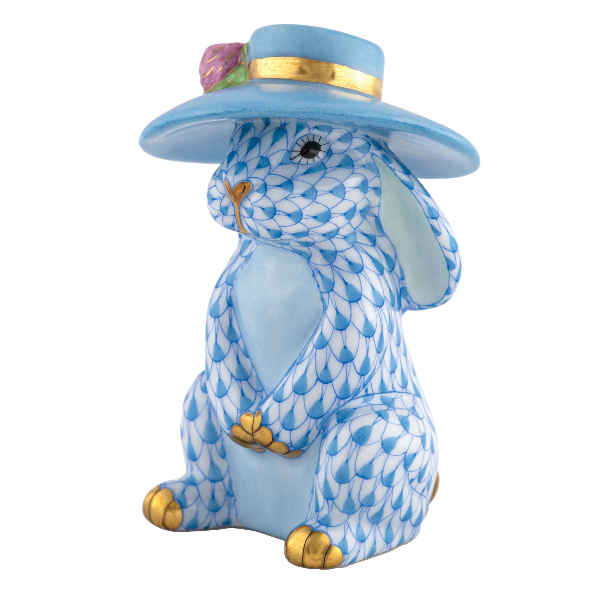 Blue fishnet Derby Bunny Figurine figurine, hand-painted Herend porcelain with 24k gold accents