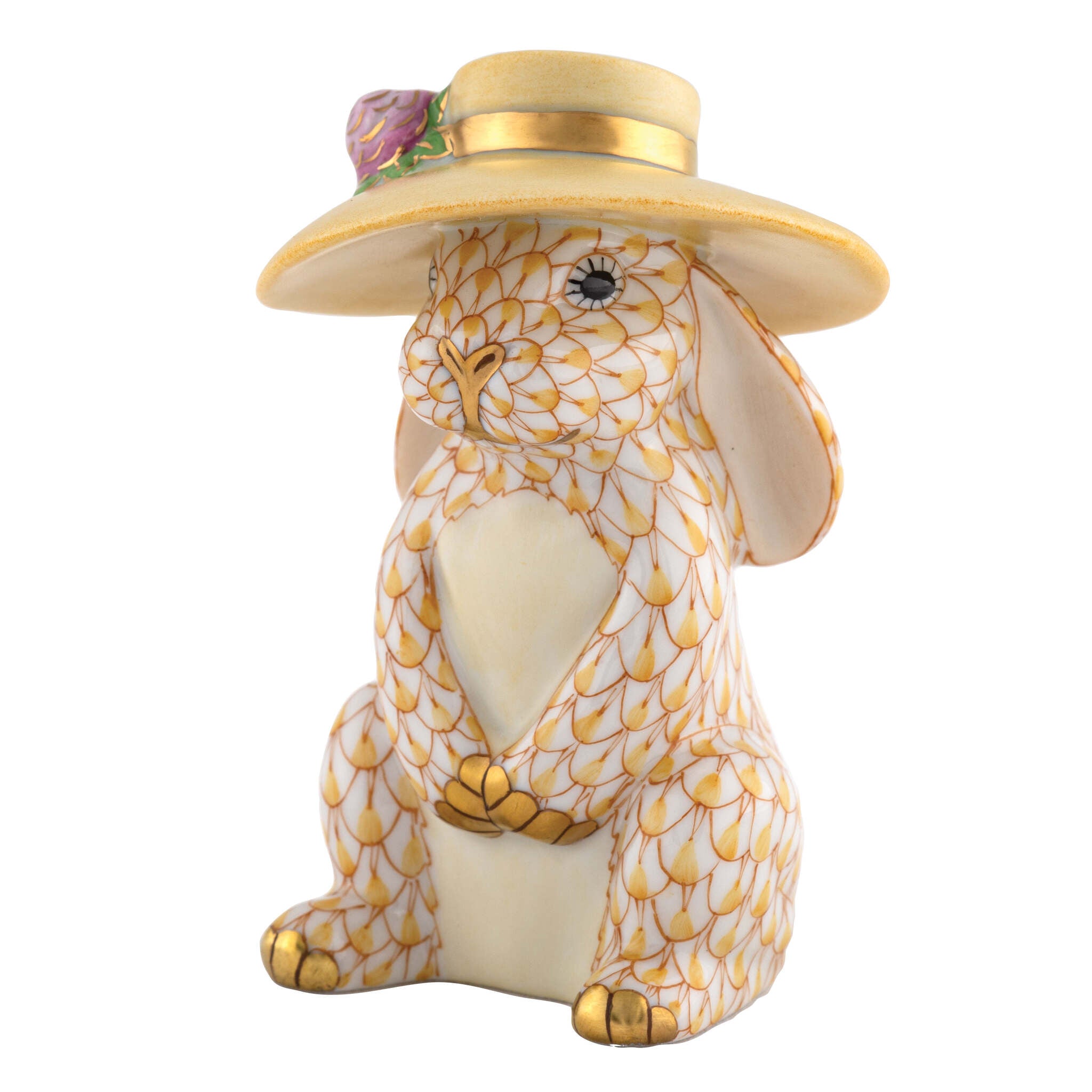 Hand-painted Herend Derby Bunny Figurine in Butterscotch fishnet porcelain on a white background