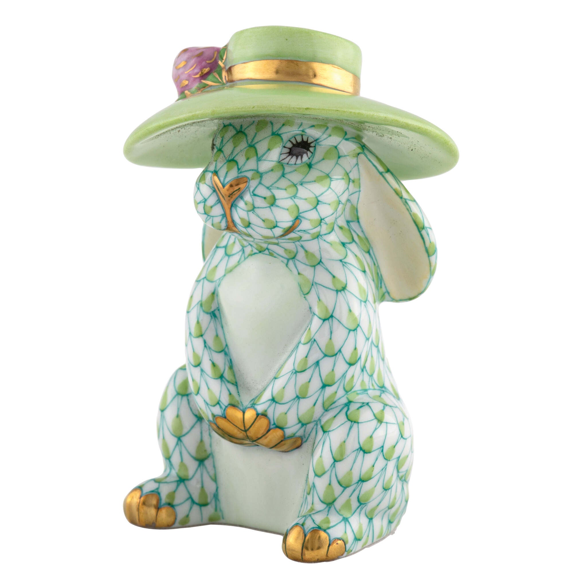 Key Lime fishnet Derby Bunny Figurine figurine, hand-painted Herend porcelain with 24k gold accents
