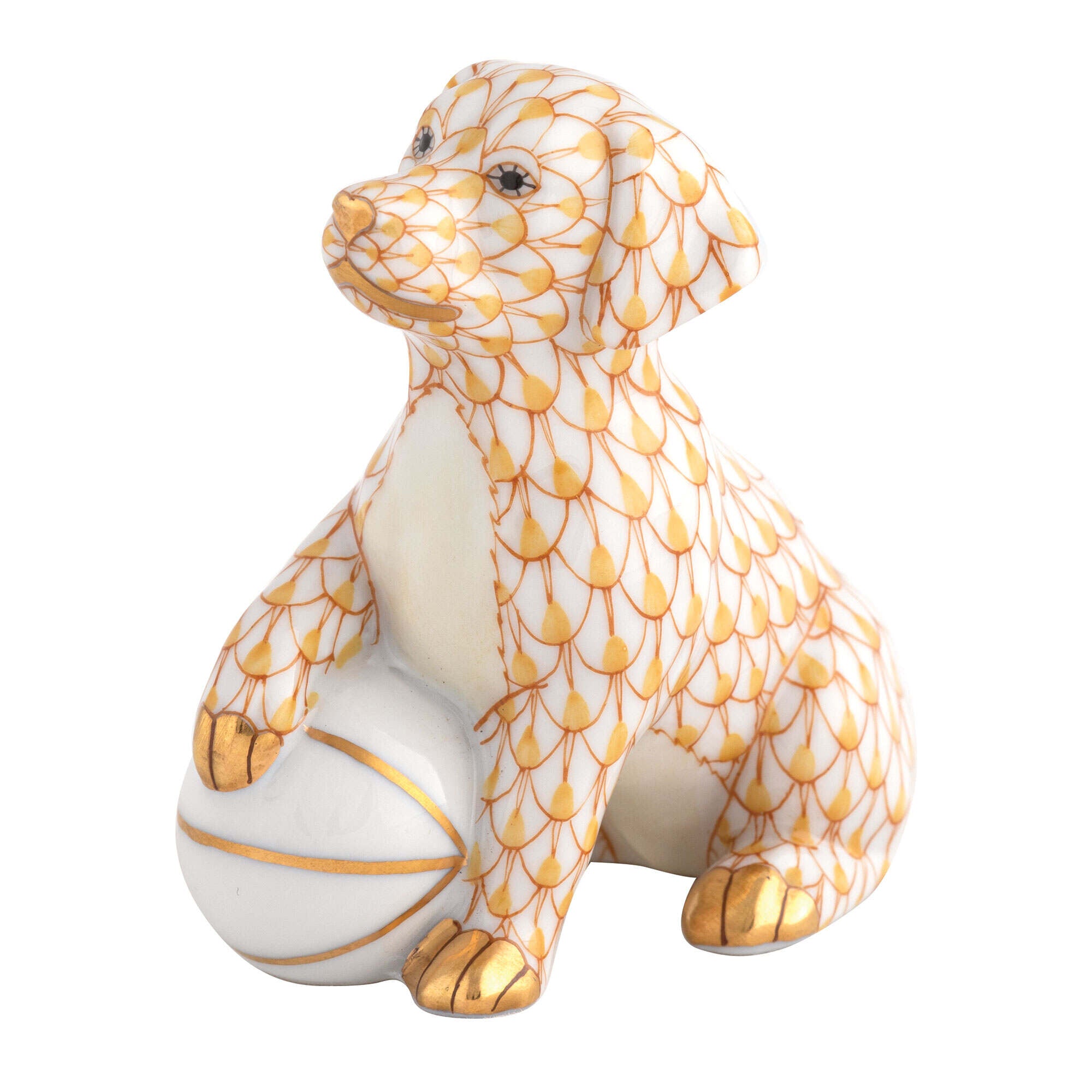 Butterscotch fishnet Dog with Ball Figurine figurine, hand-painted Herend porcelain with 24k gold accents