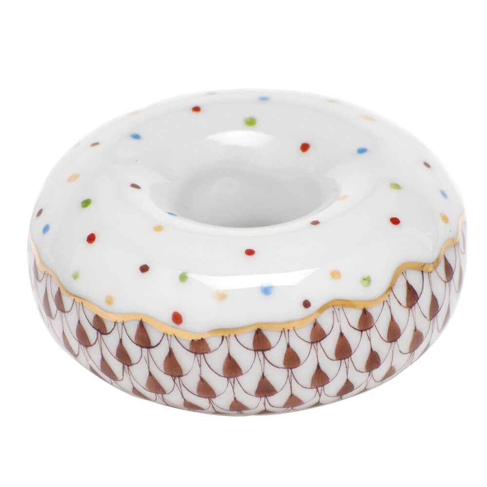 Hand-painted Herend Donut Figurine in Chocolate fishnet porcelain on a white background