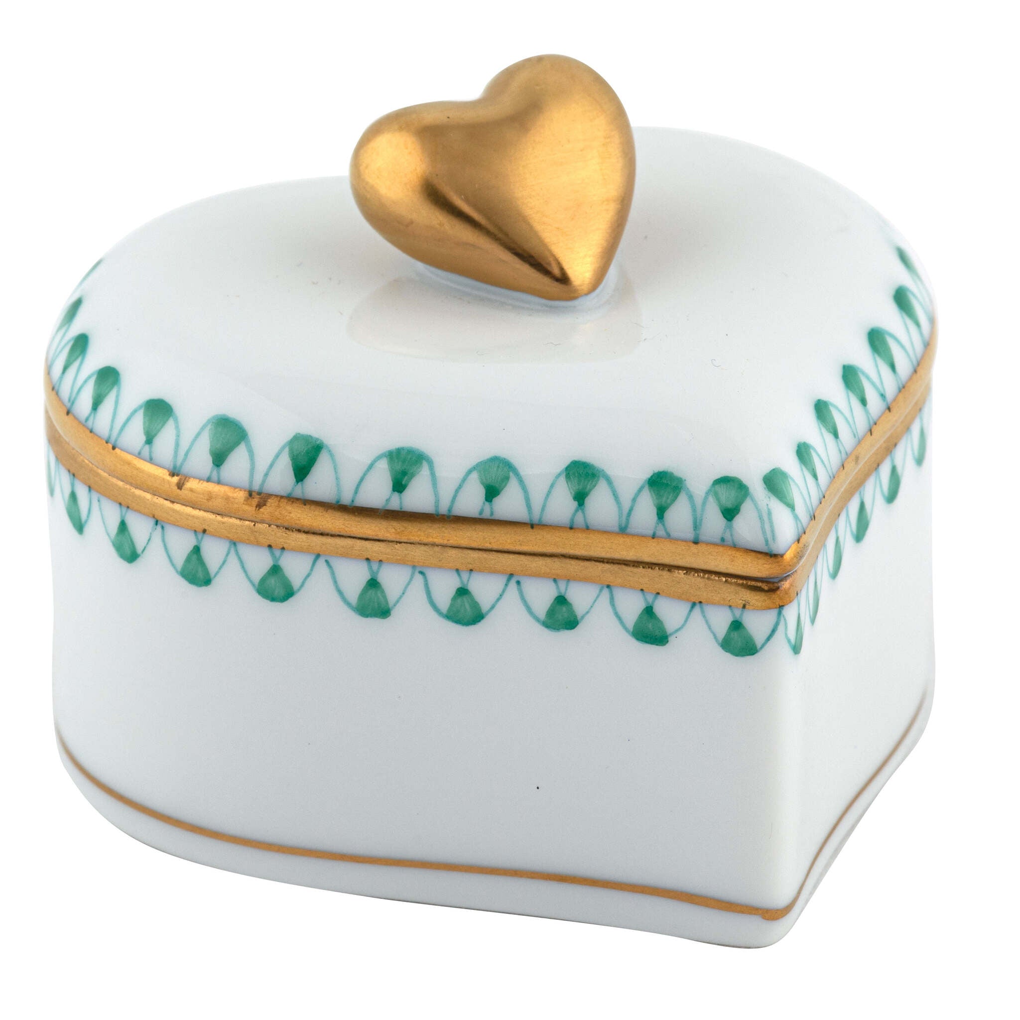 Hand-painted Herend Double Heart Box in Green fishnet porcelain on a white background