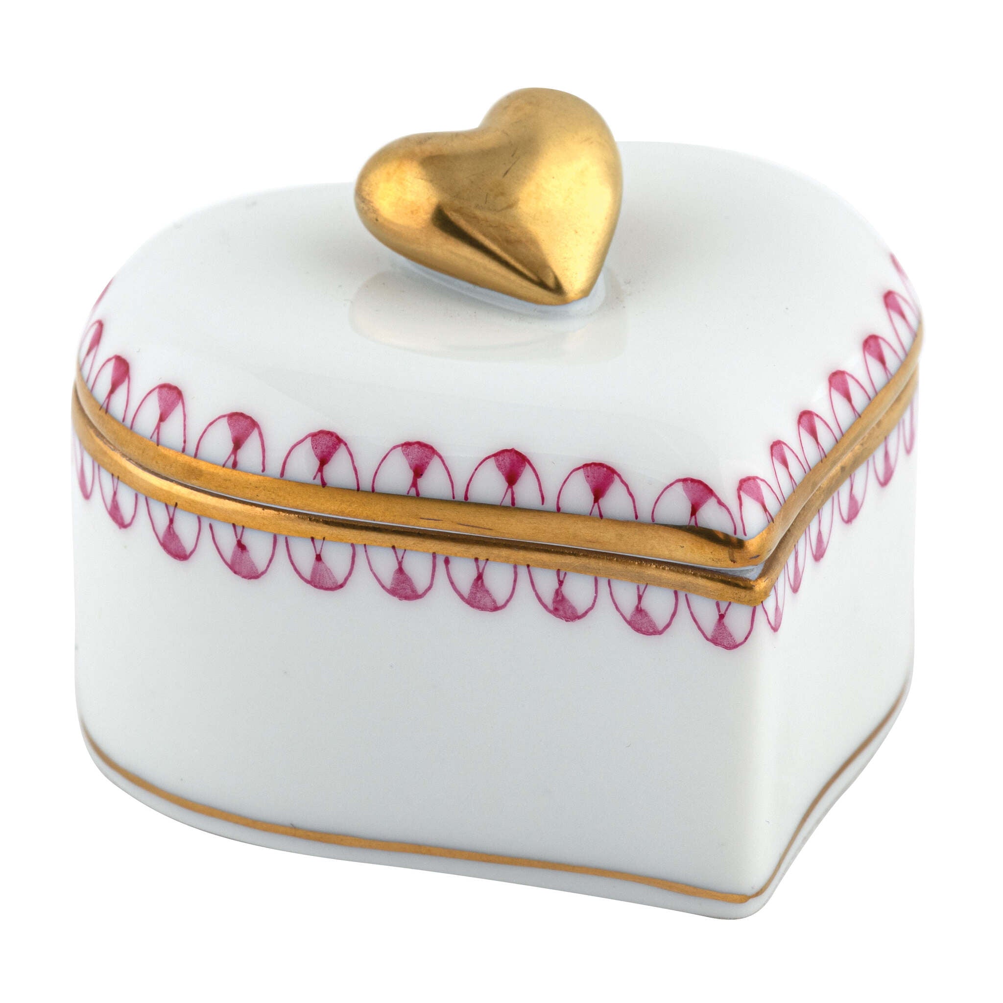 Herend Double Heart Box porcelain figurine painted in the Raspberry fishnet pattern
