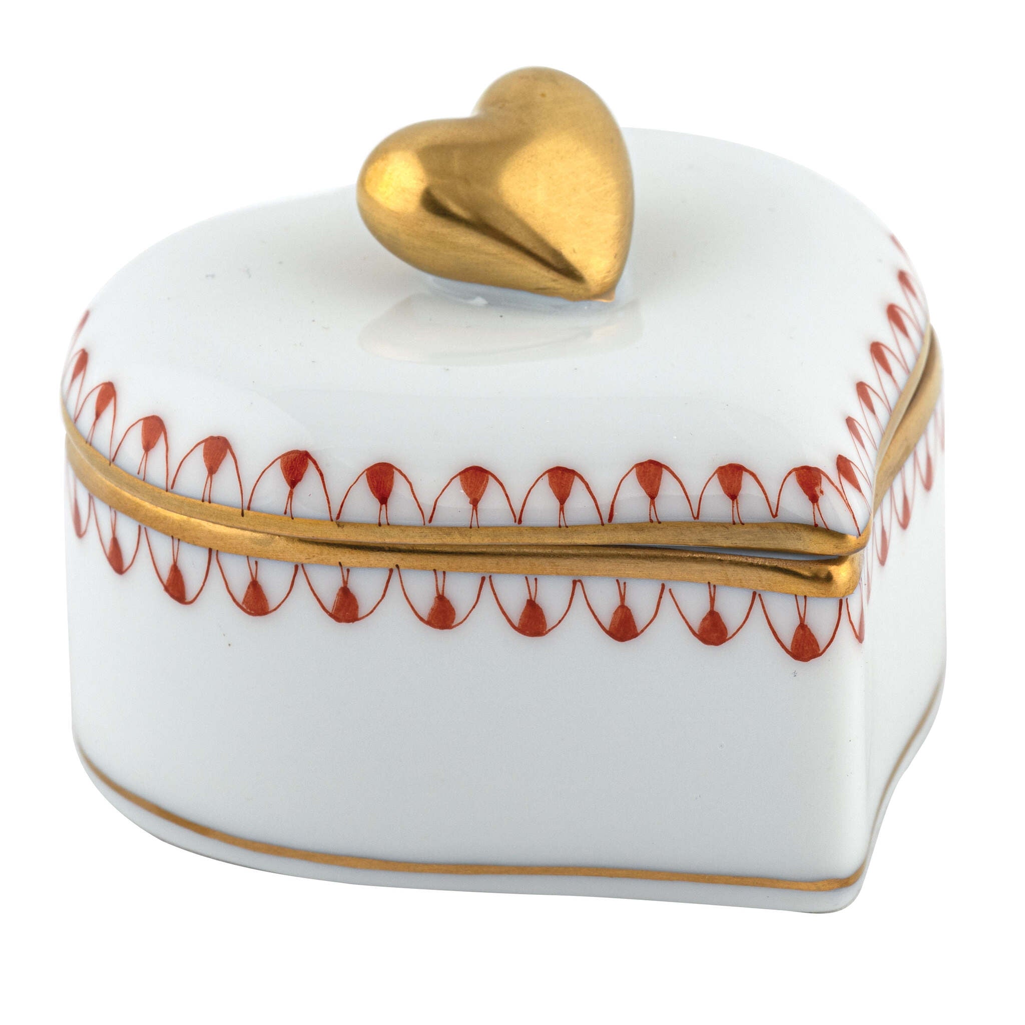 Rust fishnet Double Heart Box figurine, hand-painted Herend porcelain with 24k gold accents