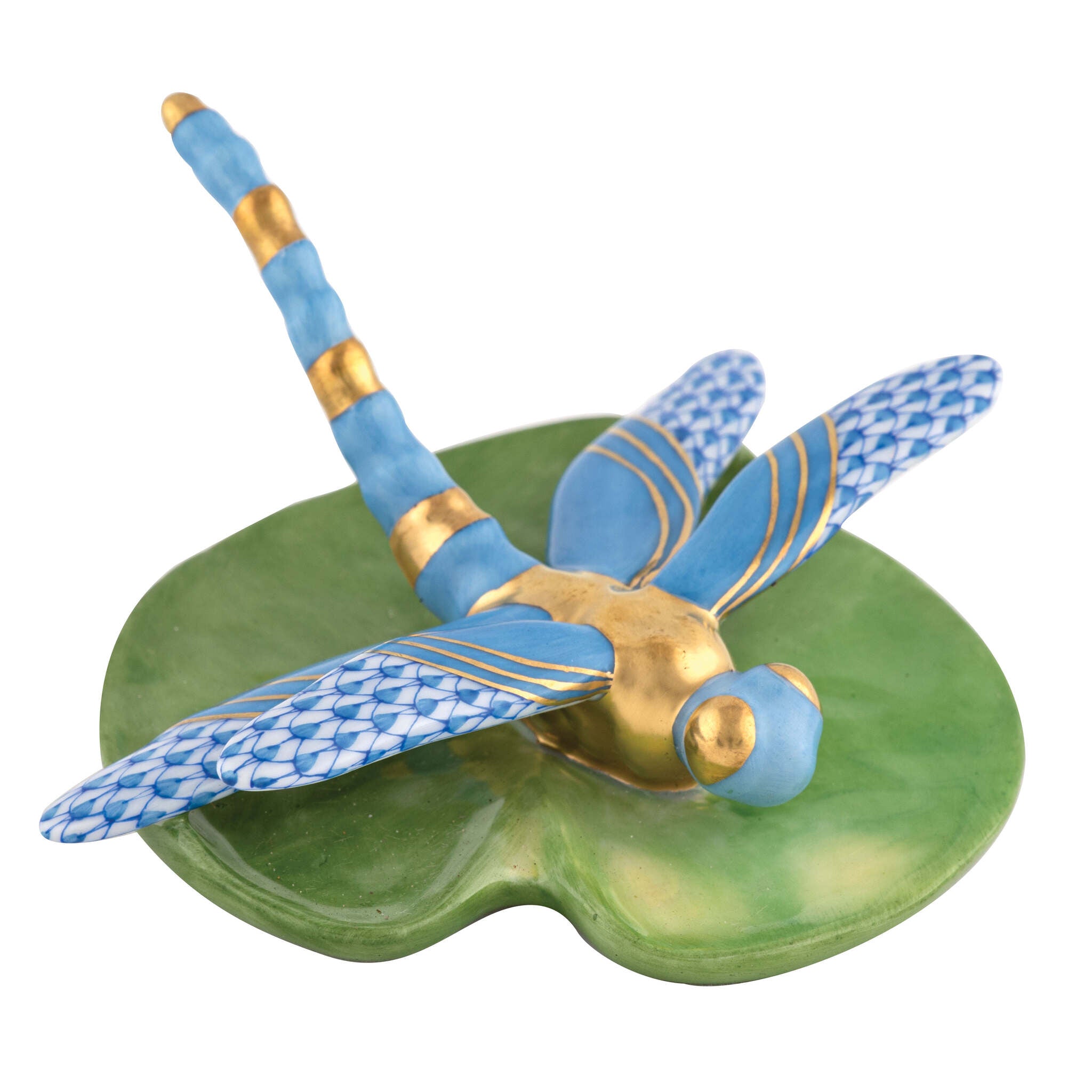 Dragonfly on Lily Pad Figurine in hand-painted Blue porcelain by Herend of Hungary