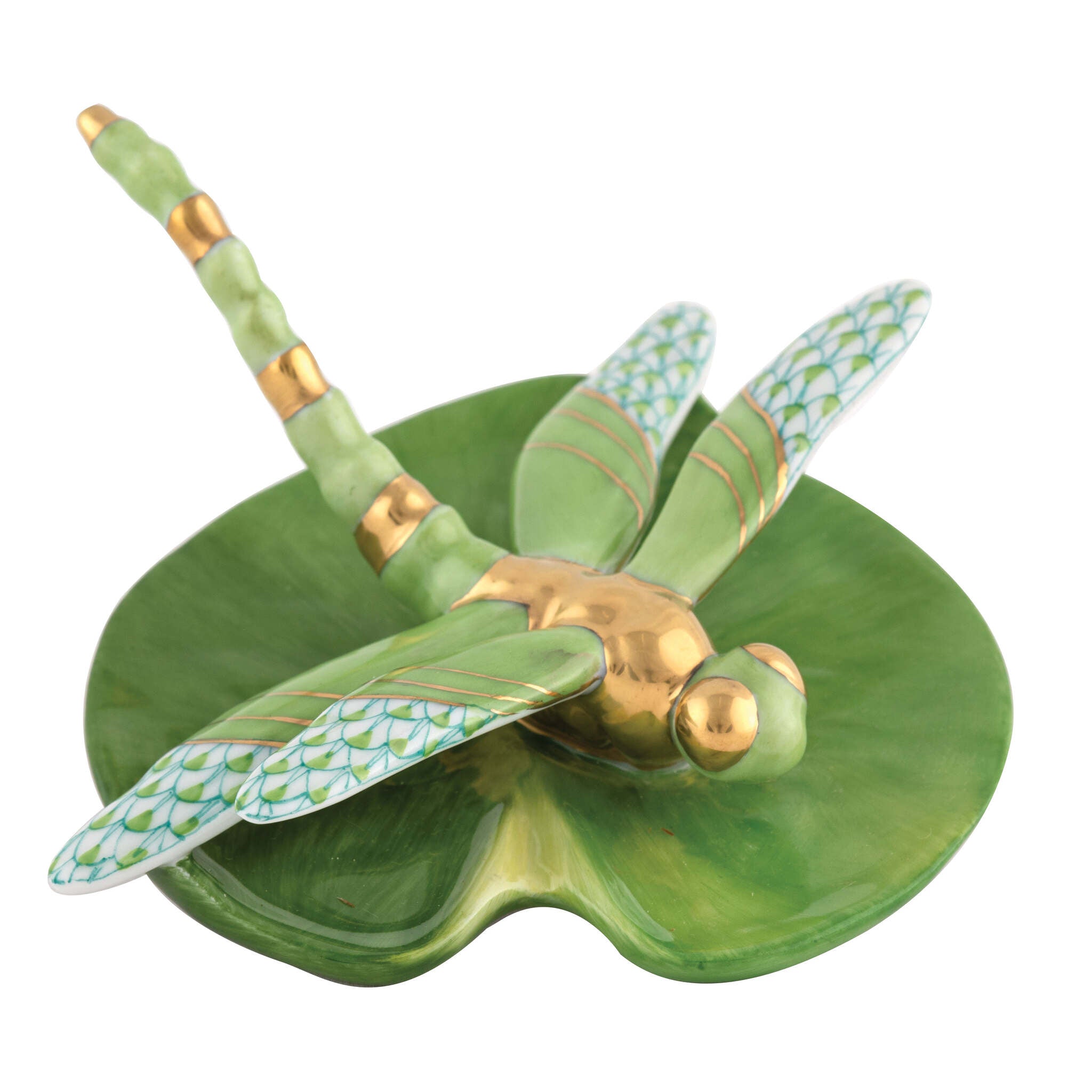 Key Lime fishnet Dragonfly on Lily Pad Figurine figurine, hand-painted Herend porcelain with 24k gold accents