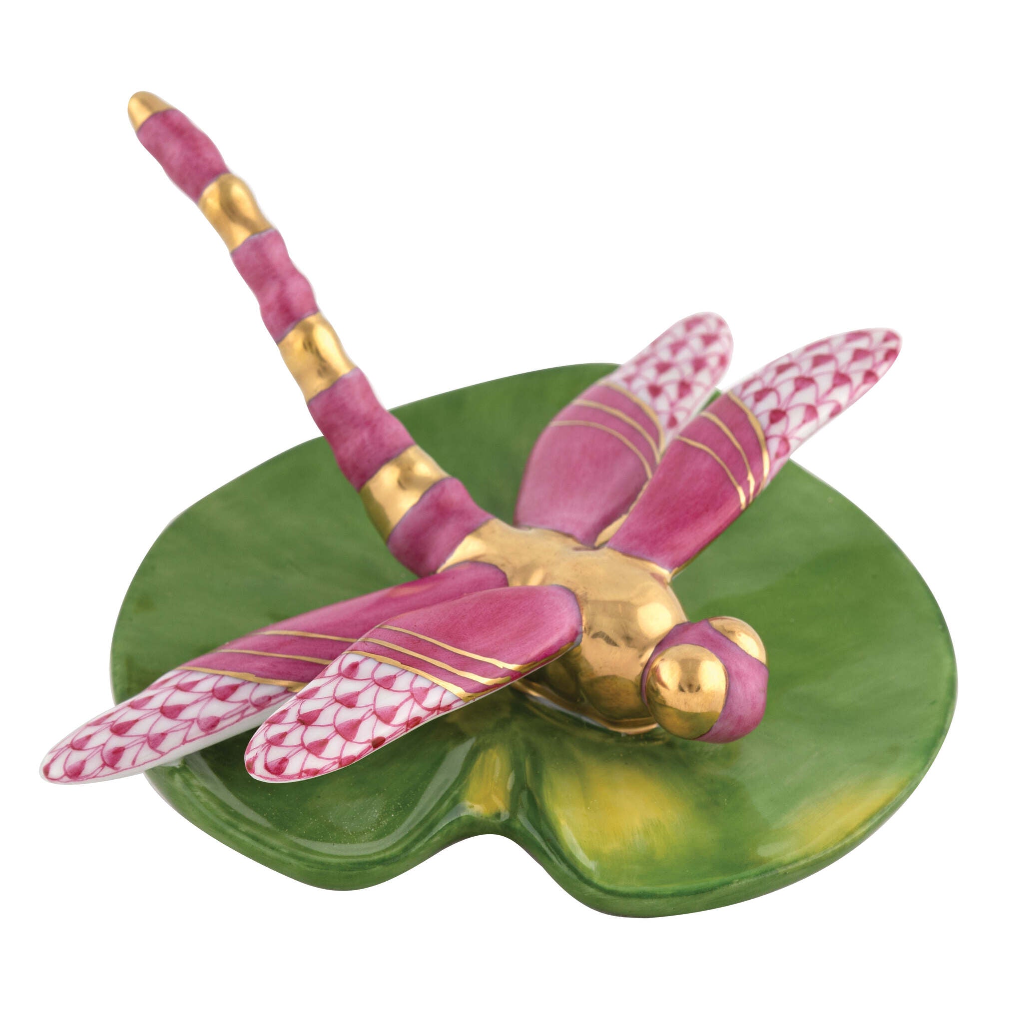 Raspberry fishnet Dragonfly on Lily Pad Figurine figurine, hand-painted Herend porcelain with 24k gold accents