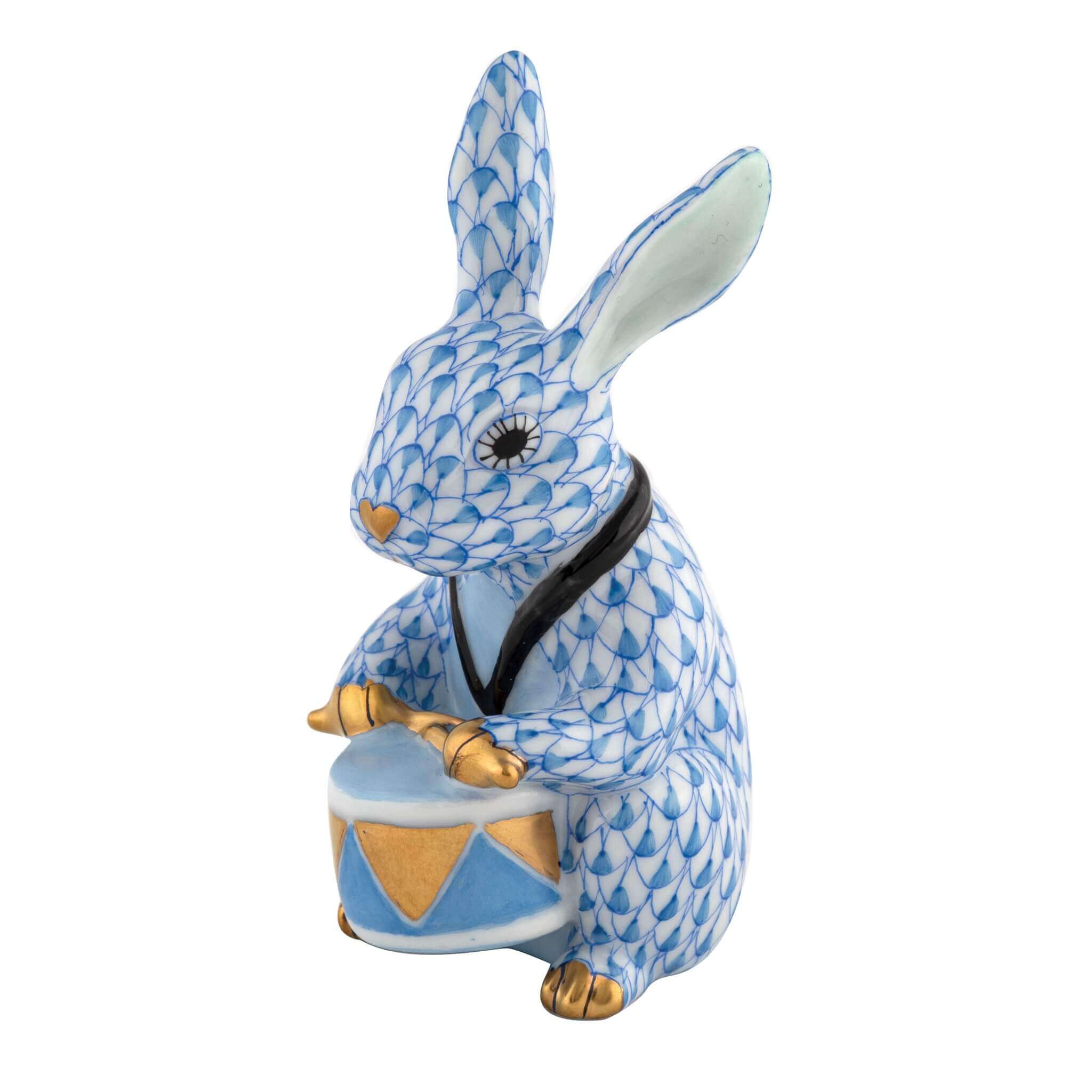 Herend Drummer Bunny figurine in Blue with blue fishnet pattern with gold accents on a white background
