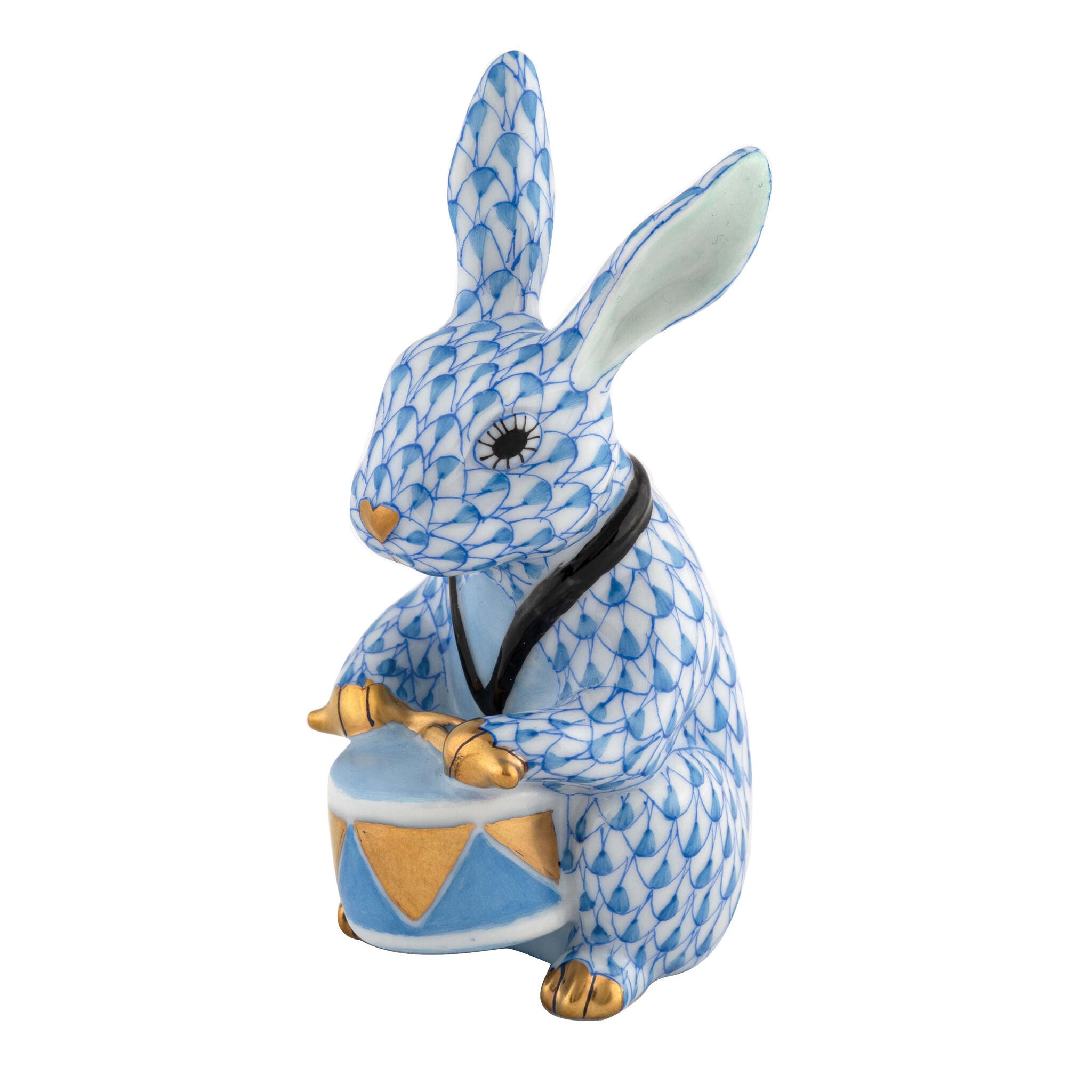 Drummer Bunny Figurine in hand-painted Blue porcelain by Herend of Hungary