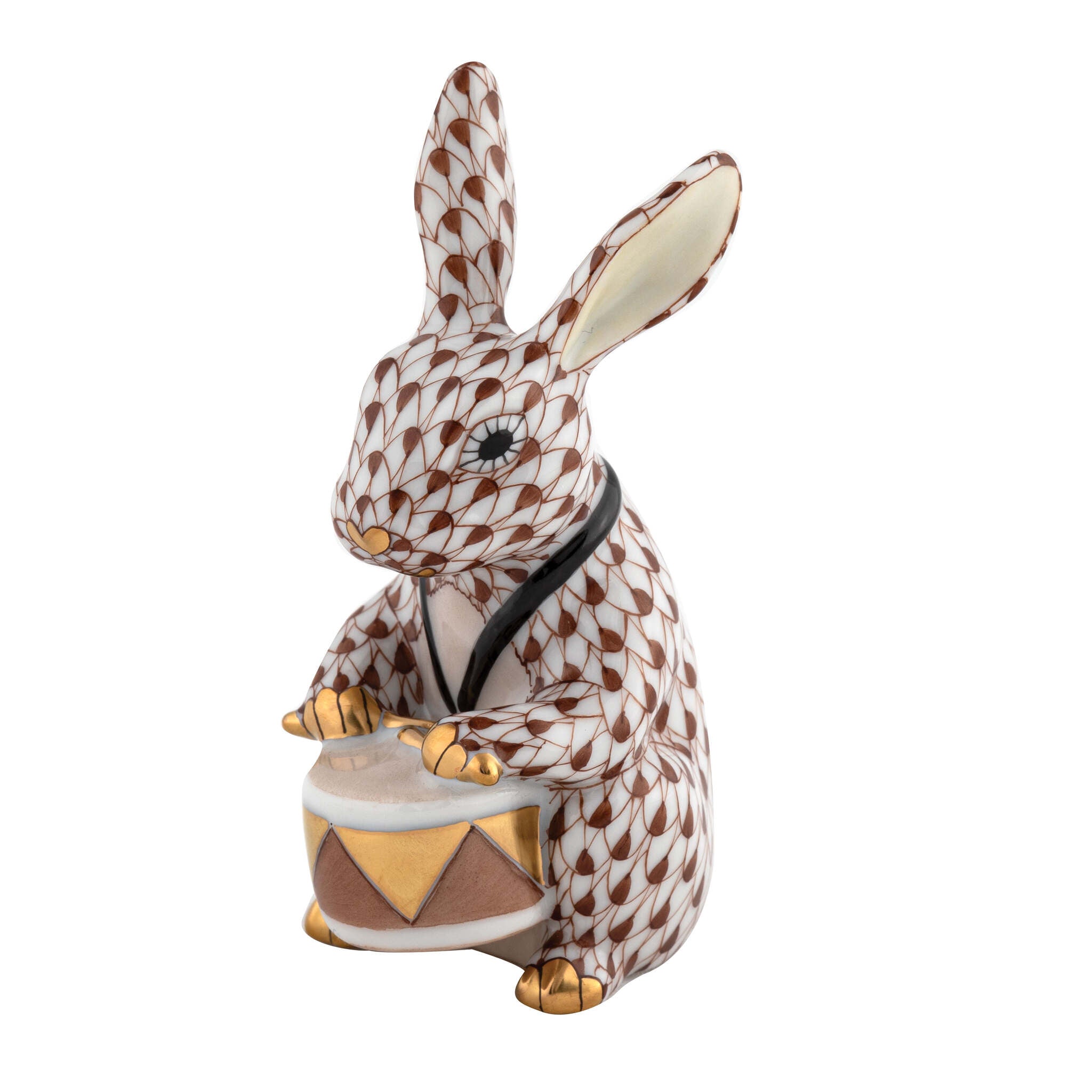 Chocolate fishnet Drummer Bunny Figurine figurine, hand-painted Herend porcelain with 24k gold accents