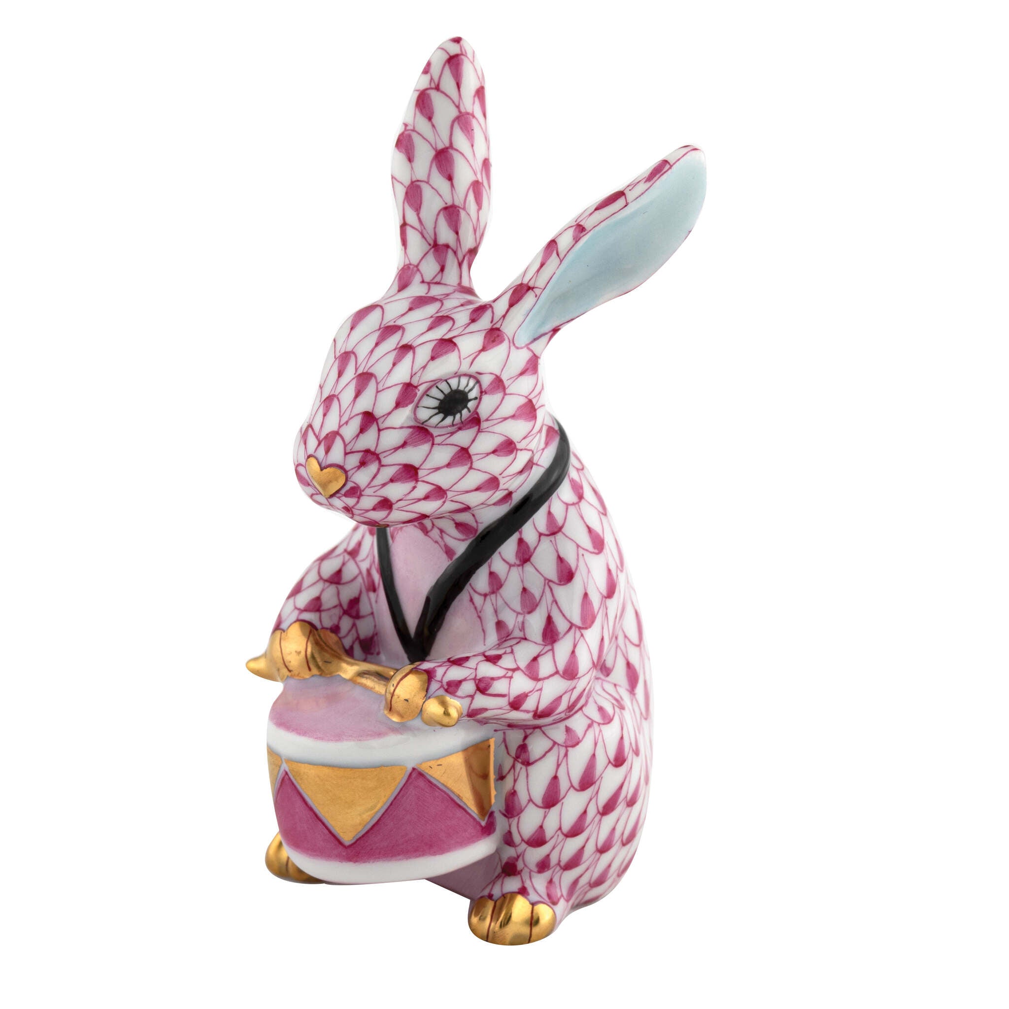 Drummer Bunny Figurine in hand-painted Raspberry porcelain by Herend of Hungary
