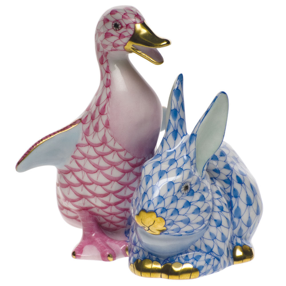 Herend Duckling and Bunny Figurine porcelain figurine painted in the Raspberry-Blue fishnet pattern