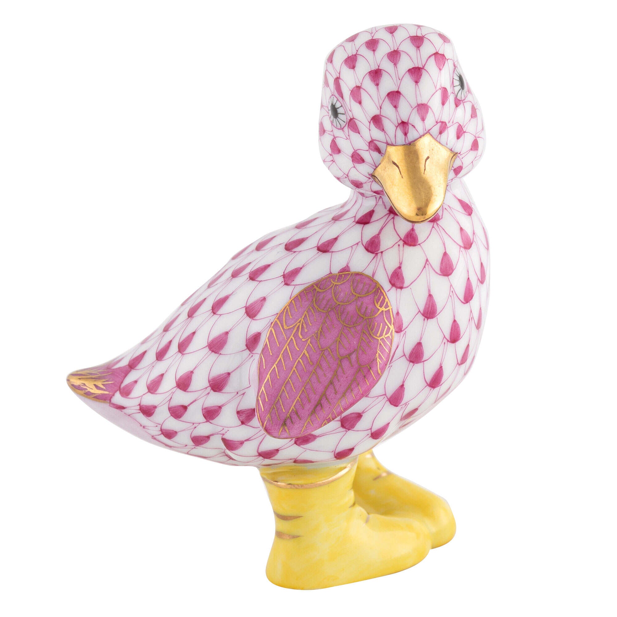 Raspberry fishnet Duckling in Boots Figurine figurine, hand-painted Herend porcelain with 24k gold accents