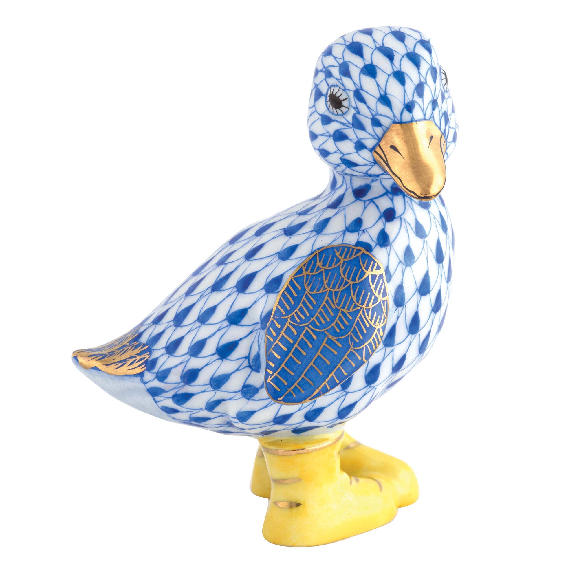 Sapphire fishnet Duckling in Boots Figurine figurine, hand-painted Herend porcelain with 24k gold accents