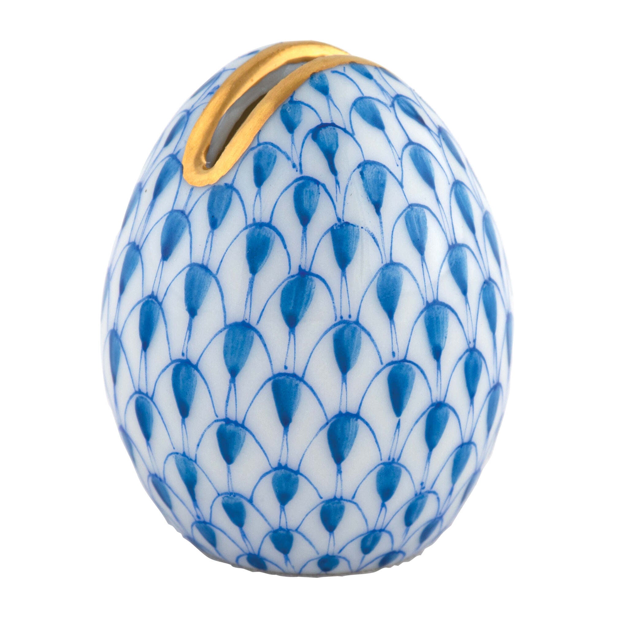 Herend Egg Place Card Holder porcelain figurine painted in the Blue fishnet pattern