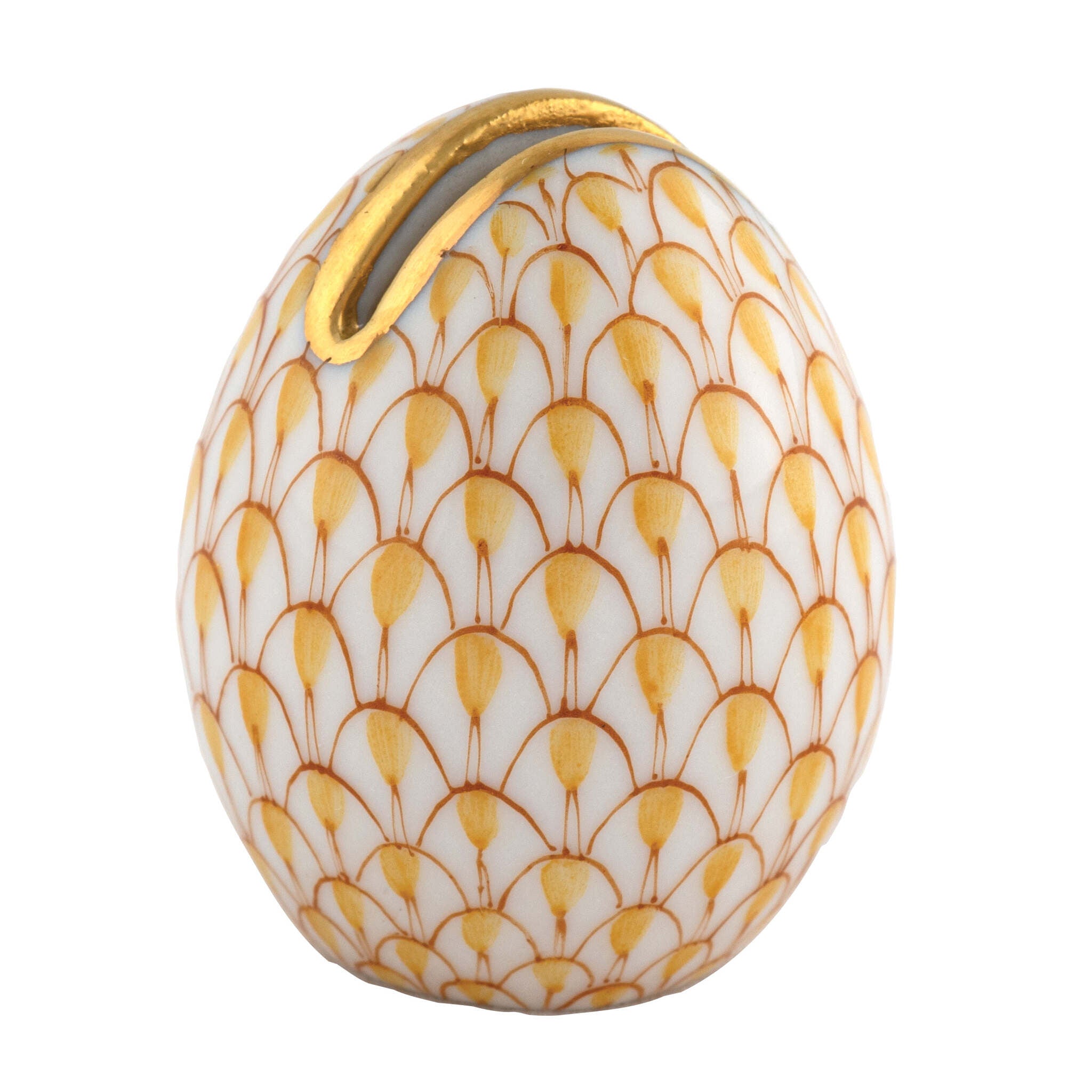 Hand-painted Herend Egg Place Card Holder in Butterscotch fishnet porcelain on a white background