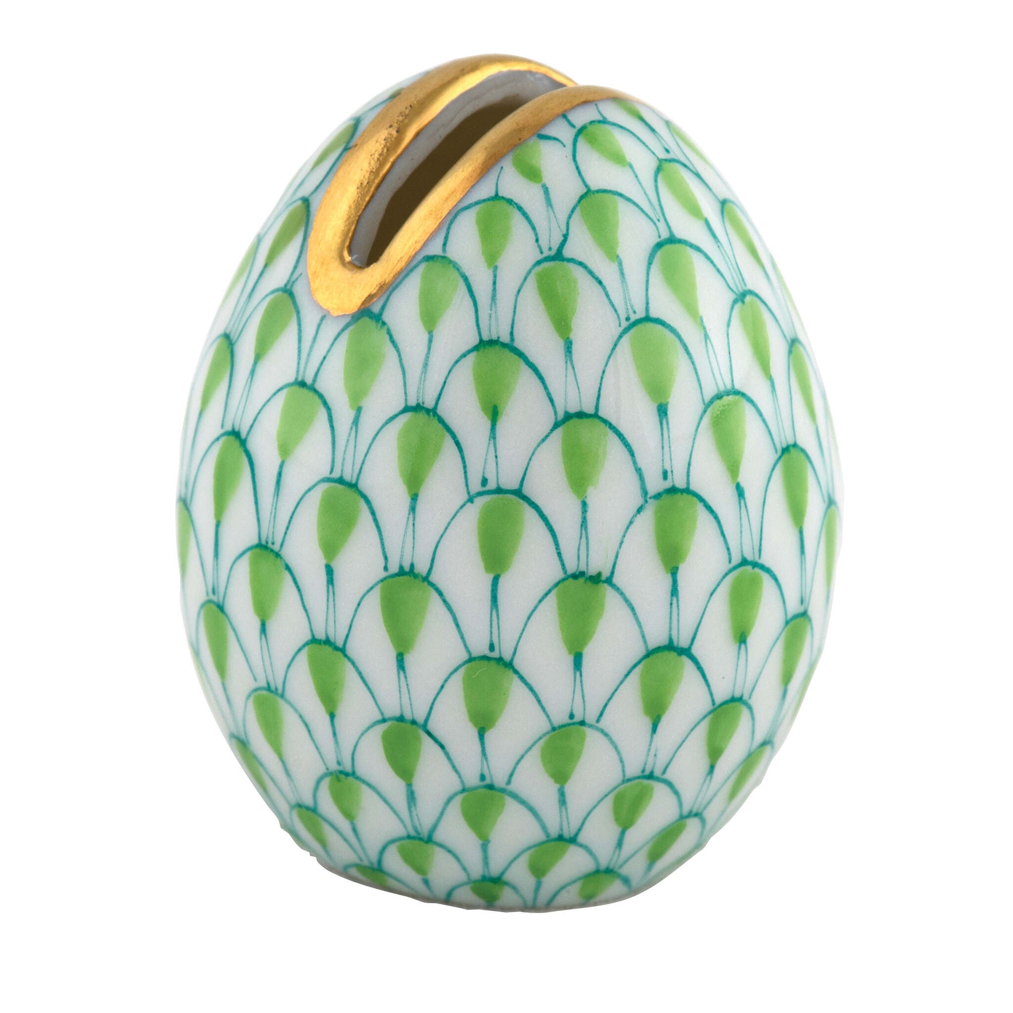 Hand-painted Herend Egg Place Card Holder in Key Lime fishnet porcelain on a white background