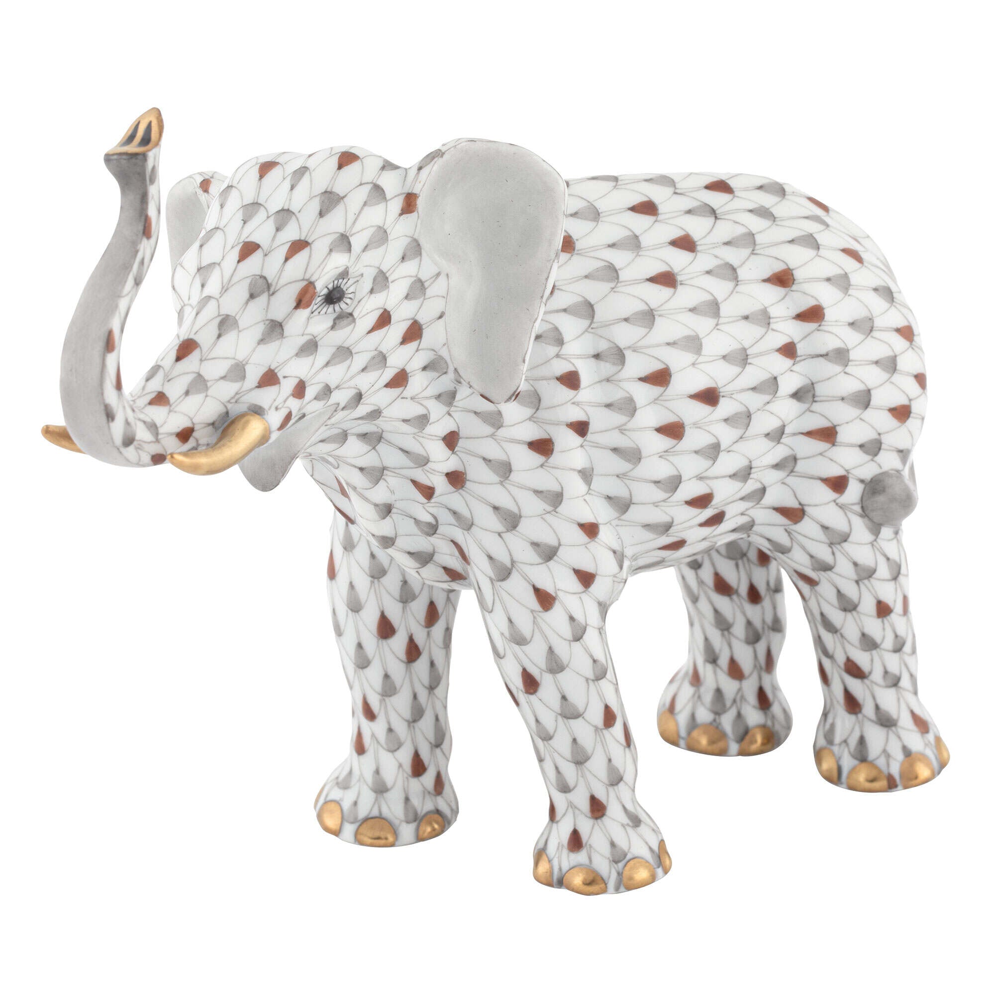 Hand-painted Herend Elephant Luck Figurine in Multicolor fishnet porcelain on a white background