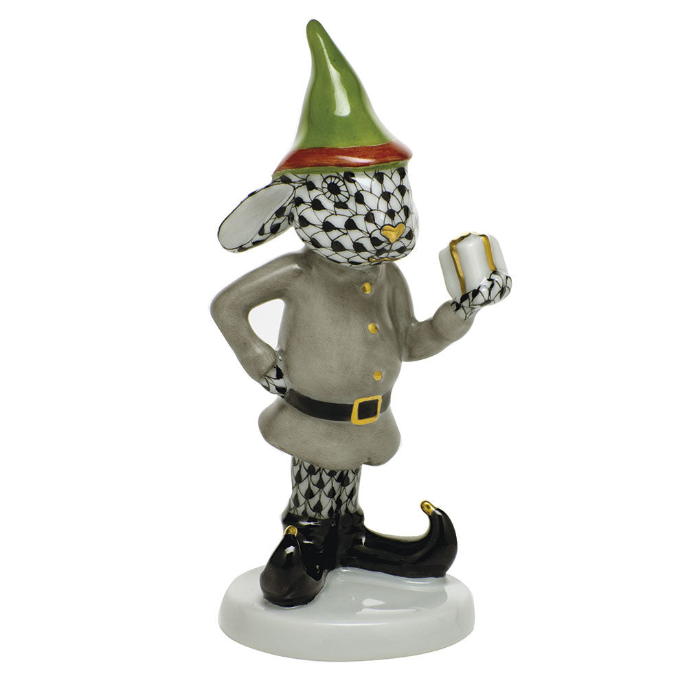 Hand-painted Herend Elf Bunny Figurine in Black fishnet porcelain on a white background