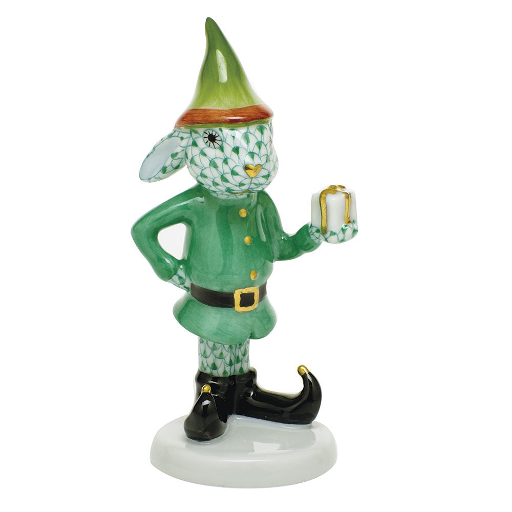 Hand-painted Herend Elf Bunny Figurine in Green fishnet porcelain on a white background