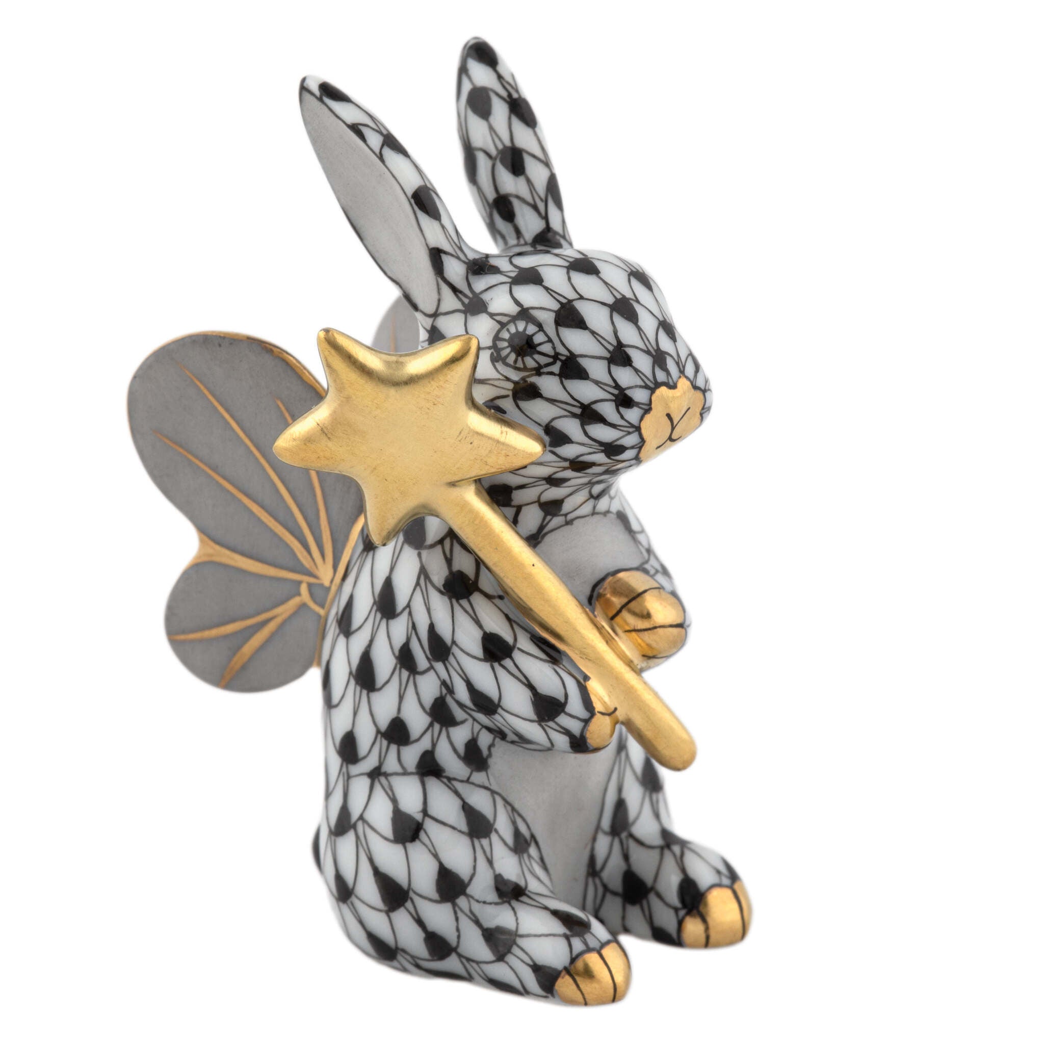 Herend Fairy Bunny Figurine porcelain figurine painted in the Black fishnet pattern