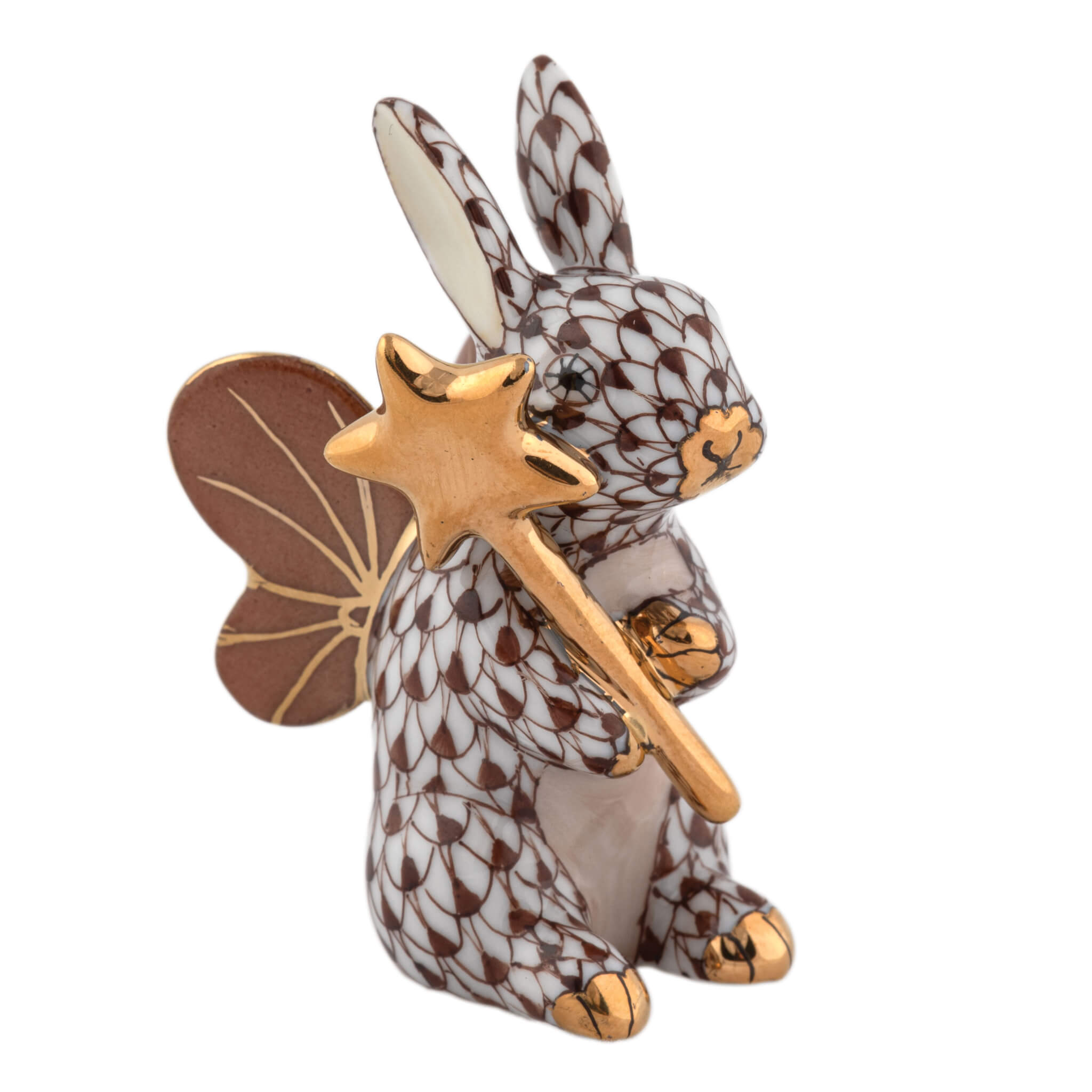 Herend Fairy Bunny figurine in Chocolate with chocolate brown fishnet pattern with gold accents on a white background