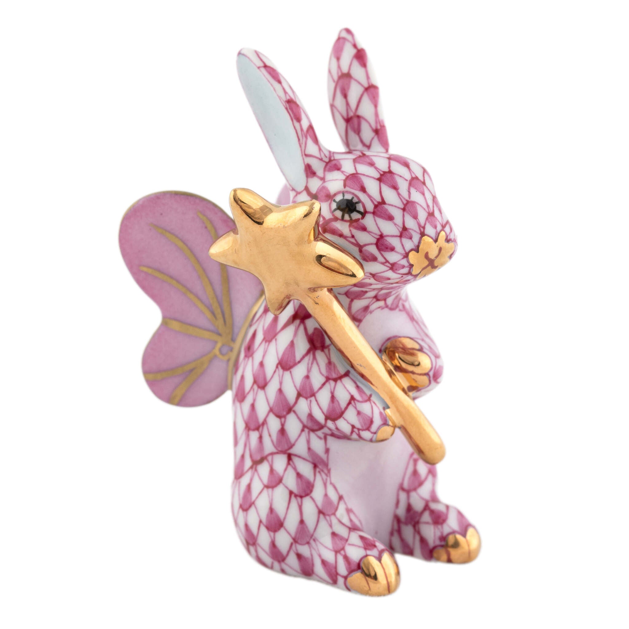 Hand-painted Herend Fairy Bunny Figurine in Raspberry fishnet porcelain on a white background