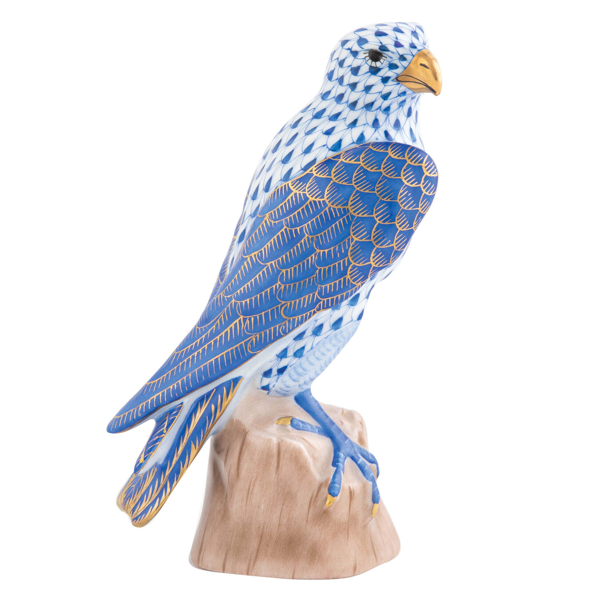 Sapphire fishnet Falcon Figurine figurine, hand-painted Herend porcelain with 24k gold accents