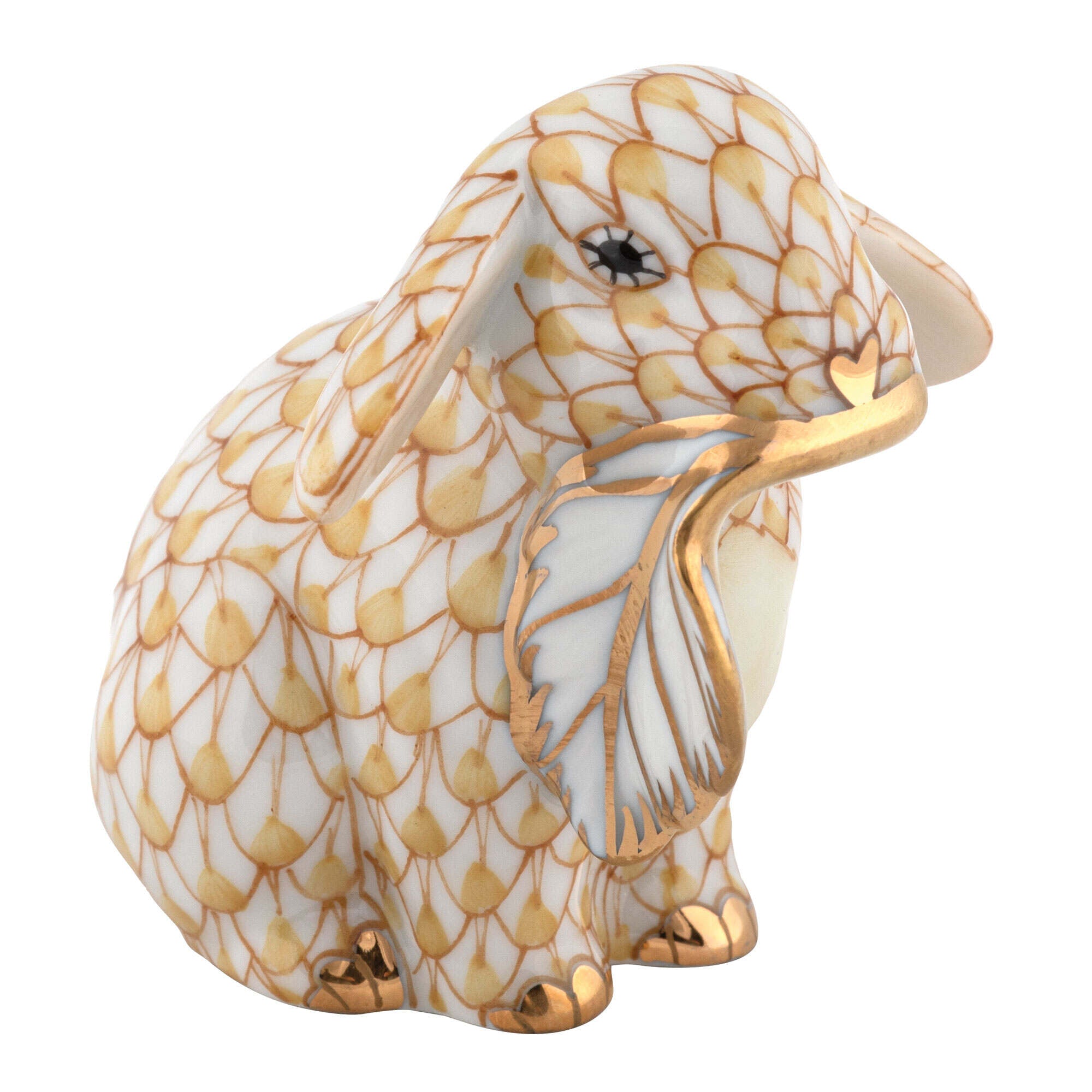 Herend Fall Bunny Figurine porcelain figurine painted in the Butterscotch fishnet pattern
