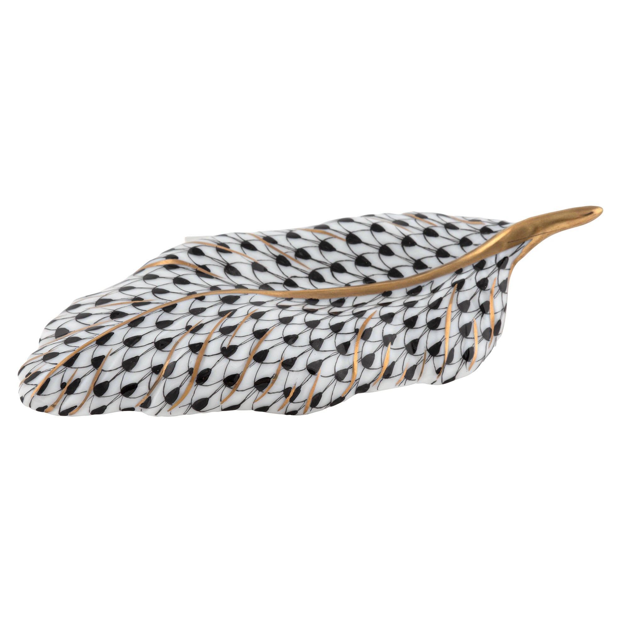 Black fishnet Feather Figurine figurine, hand-painted Herend porcelain with 24k gold accents