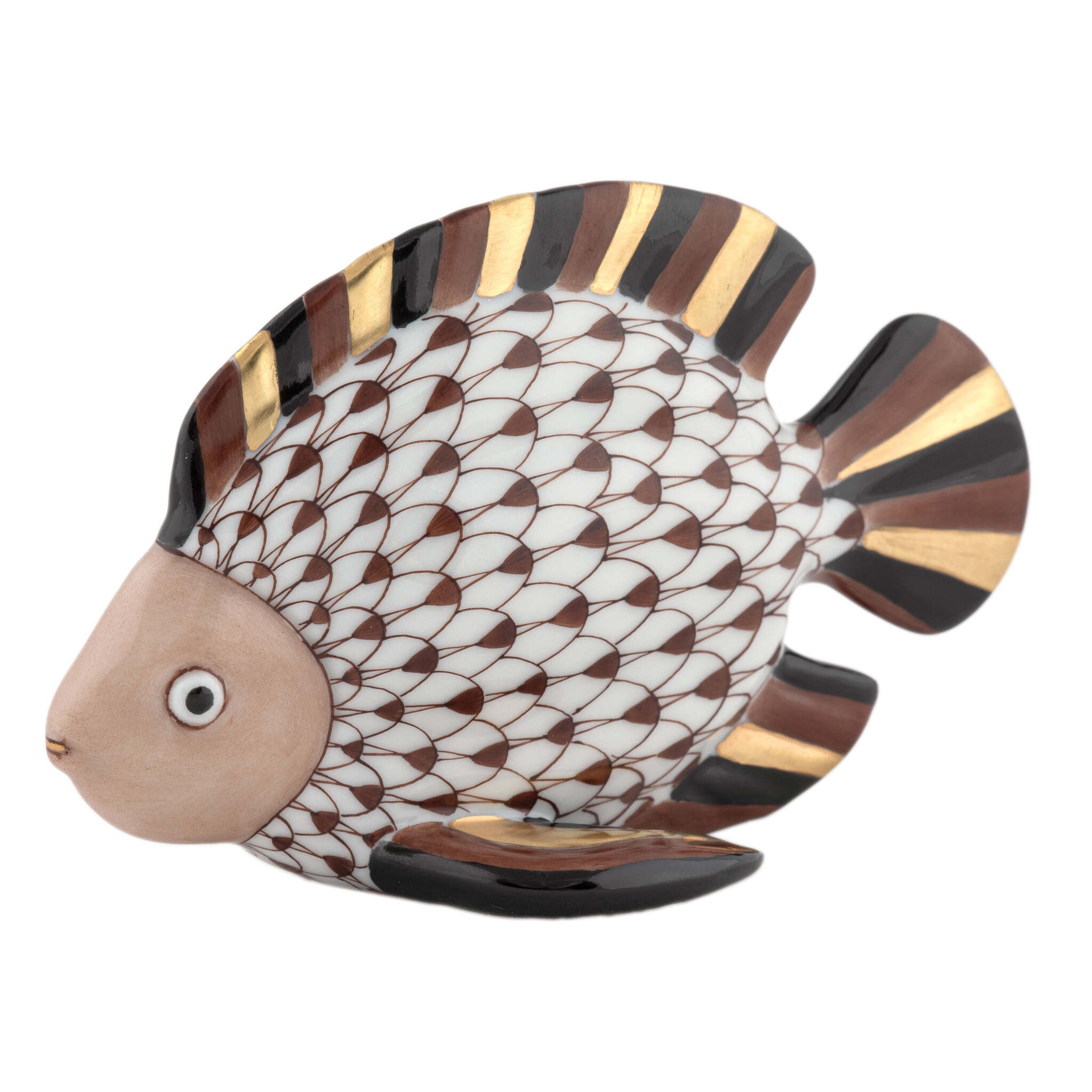Herend Fish Figurine porcelain figurine painted in the Chocolate fishnet pattern