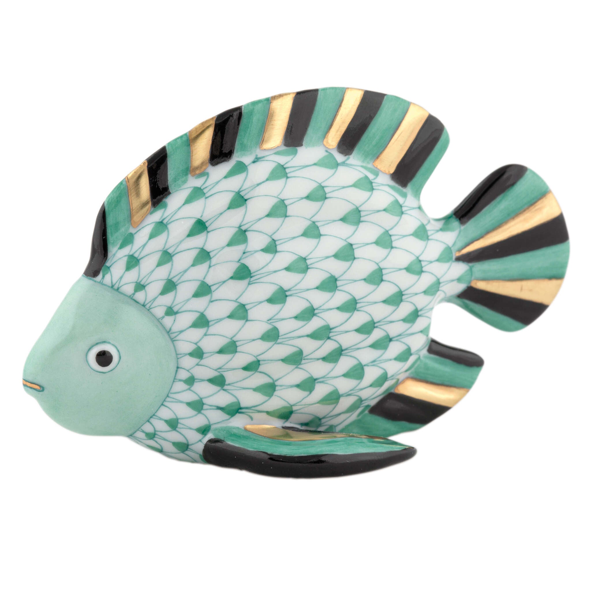 Hand-painted Herend Fish Figurine in Green fishnet porcelain on a white background