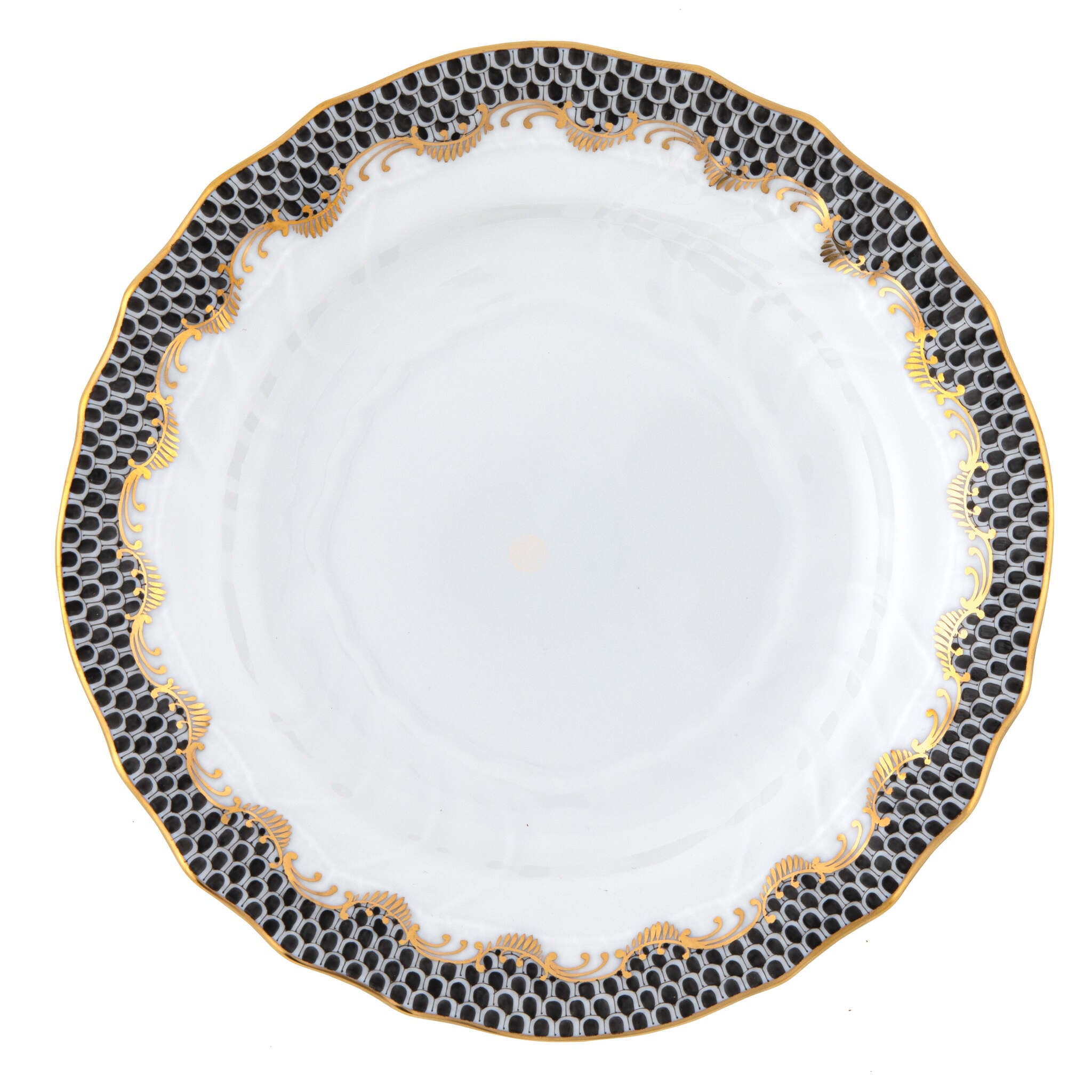Hand-painted Herend Fish Scale Black Bread and Butter Plate in fine porcelain, 6in D, on a white background