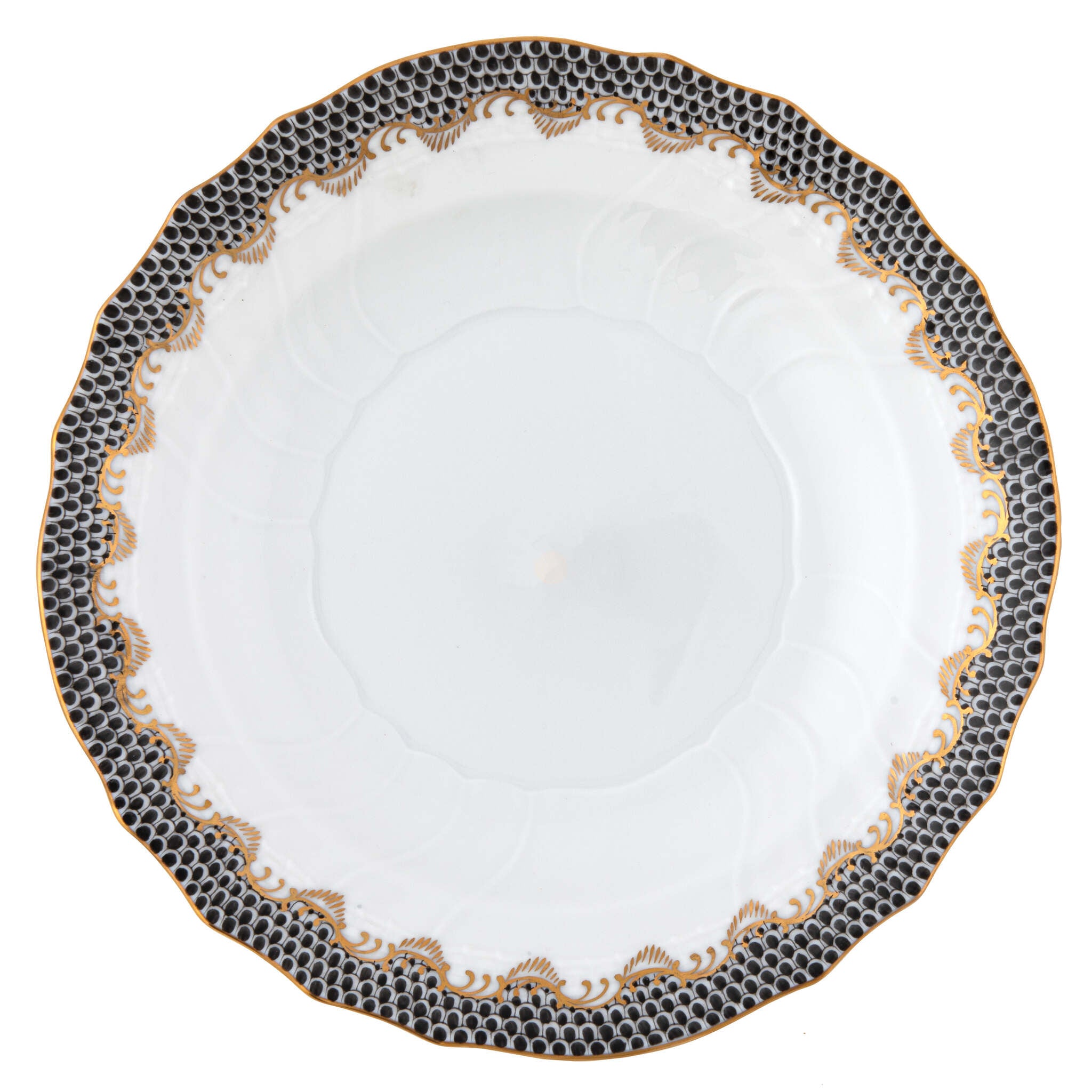 Hand-painted Herend Fish Scale Black Salad Plate in fine porcelain, 7.5in D, on a white background