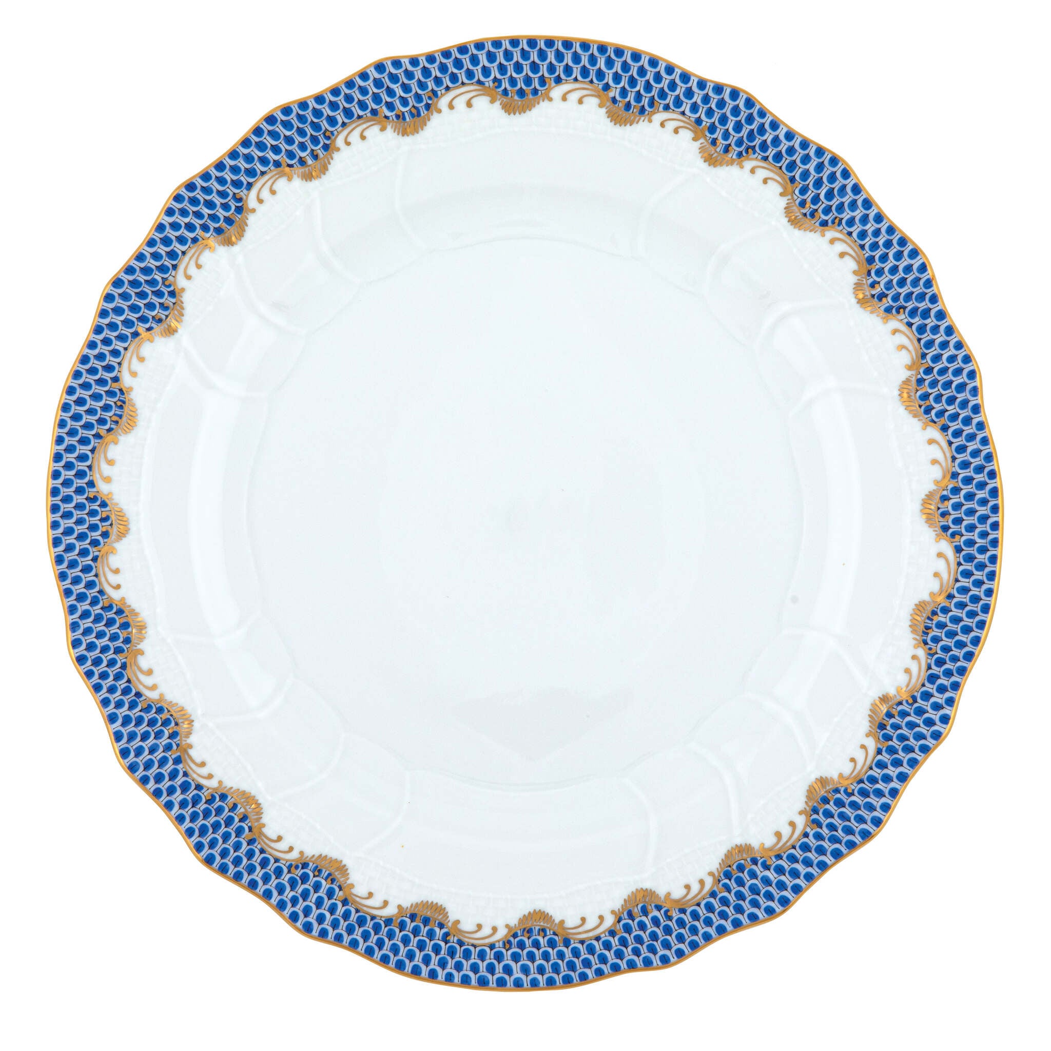 Hand-painted Herend Fish Scale Blue Dinner Plate in fine porcelain, 10.5in D, on a white background