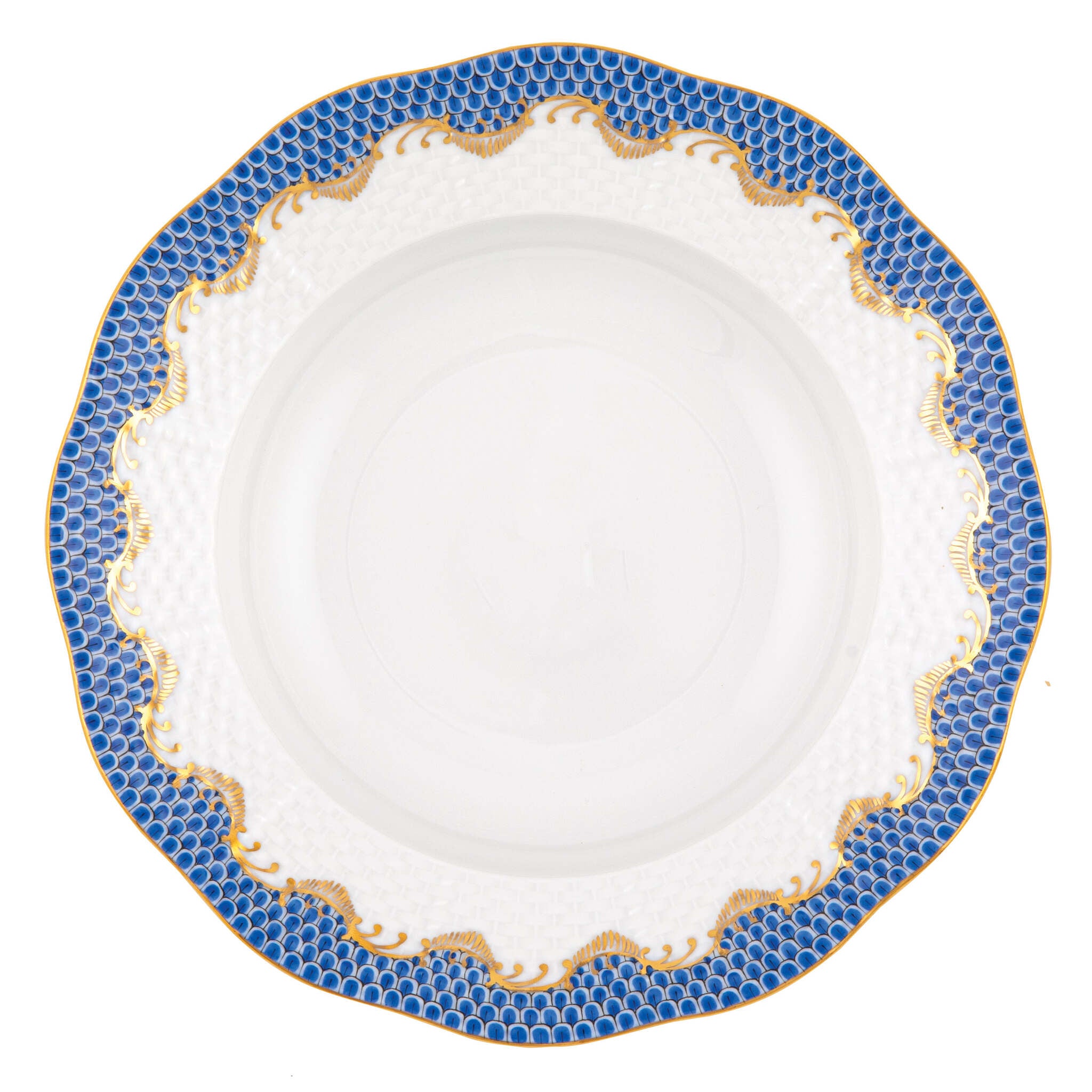 Hand-painted Herend Fish Scale Blue Rim Soup Plate Soup Plates & Rimmed Soup Bowl in fine porcelain, 8in D, on a white background