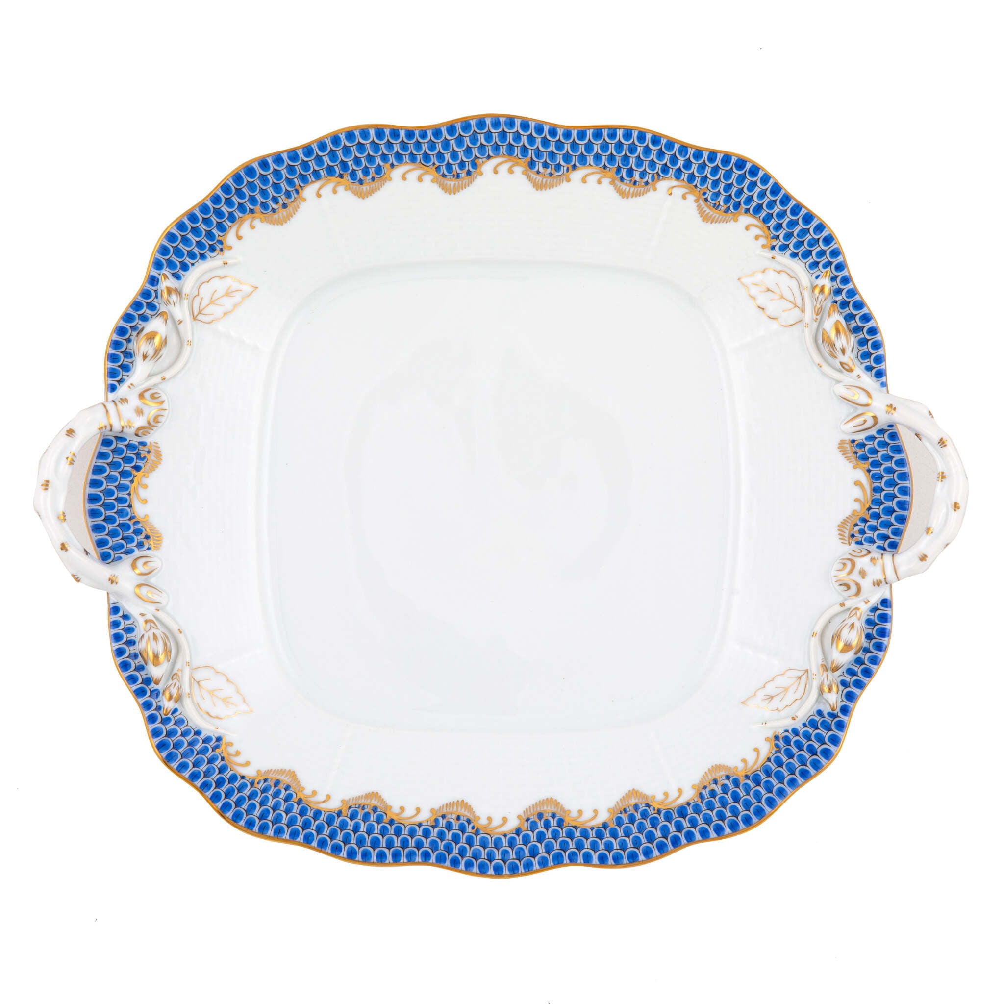 Hand-painted Herend Fish Scale Blue Square Cake Plate with Handles in fine porcelain, 9.5in SQ, on a white background
