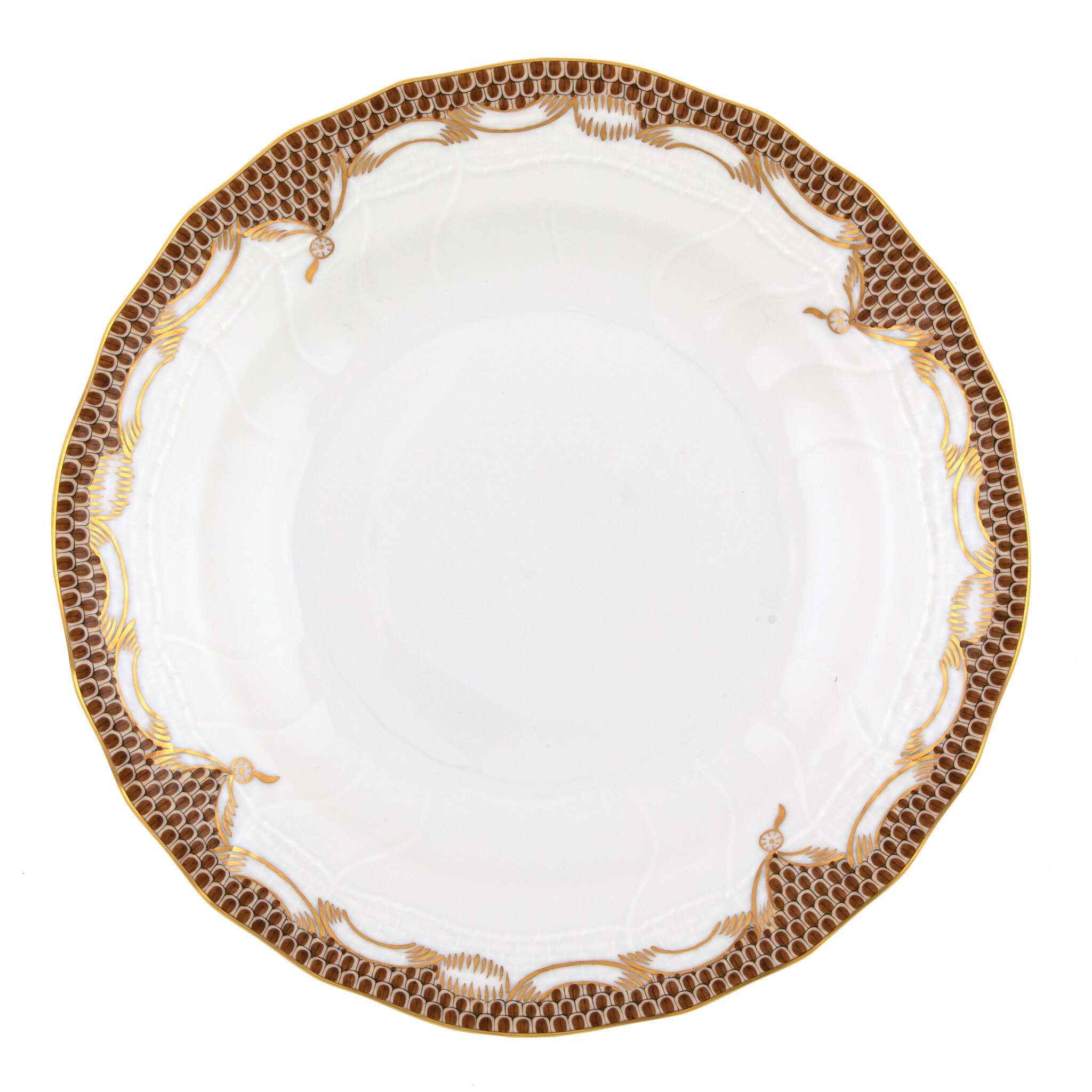 Hand-painted Herend Fish Scale Brown Dessert Plate in fine porcelain, 8.25in D, on a white background