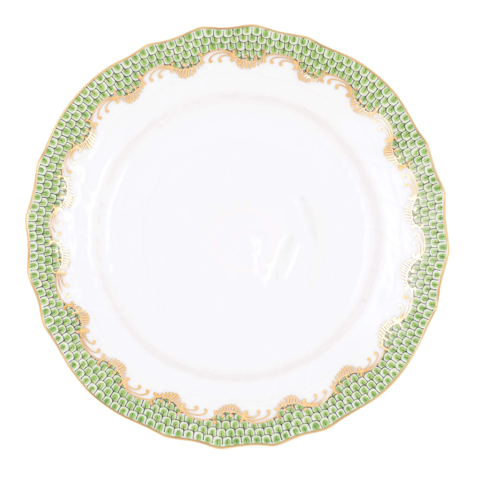 Hand-painted Herend Fish Scale Evergreen Rim Soup Plate Soup Plates & Rimmed Soup Bowl in fine porcelain, 8in D, on a white background
