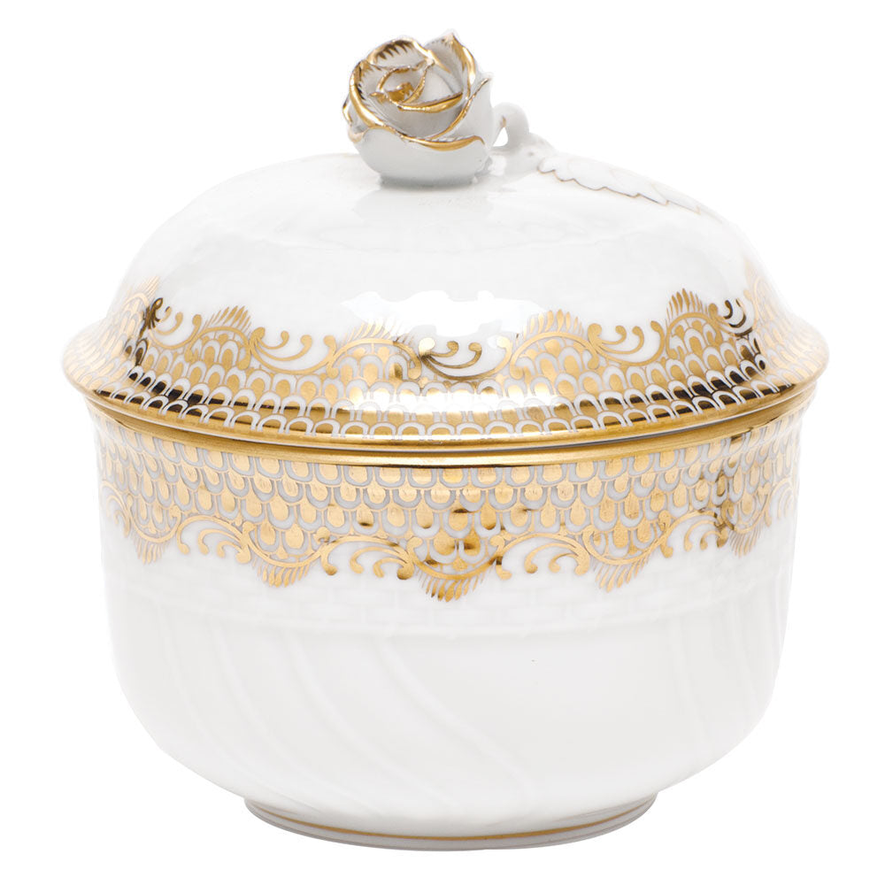 Hand-painted Herend Fish Scale Gold Covered Sugar with Rose Sugar Bowl in fine porcelain, (6 OZ) 4in H, on a white background
