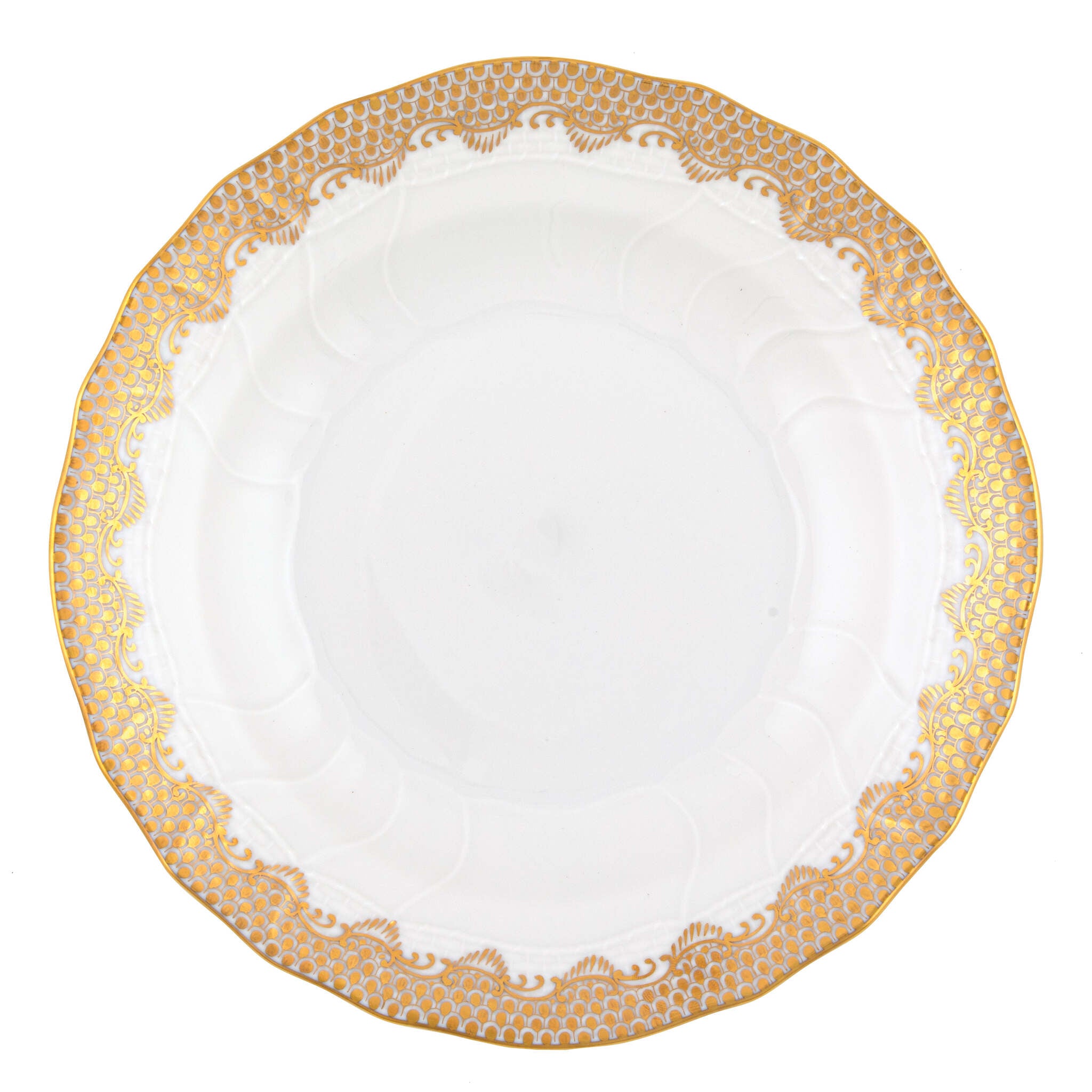 Hand-painted Herend Fish Scale Gold Dessert Plate in fine porcelain, 8.25in D, on a white background